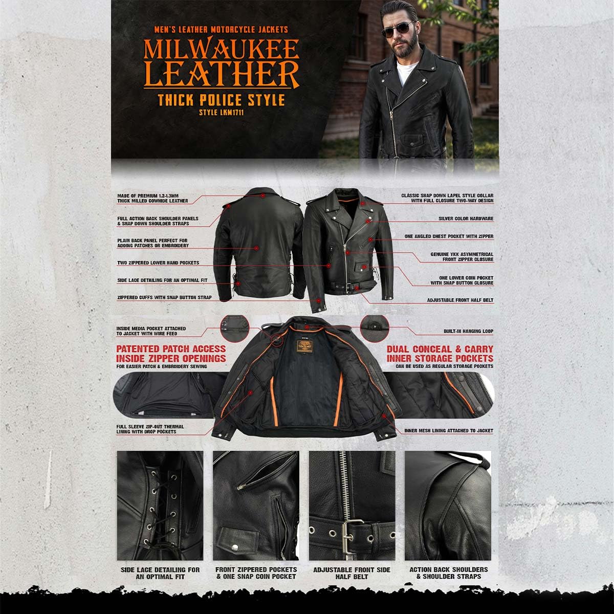 Milwaukee LKM1711 Black Leather Motorcycle Jacket for Men - Heavy Duty Police Style Biker Jacket with Adjustable Side Lace - Perfect for Riding, Motorcycle Clubs & Outdoor Adventures