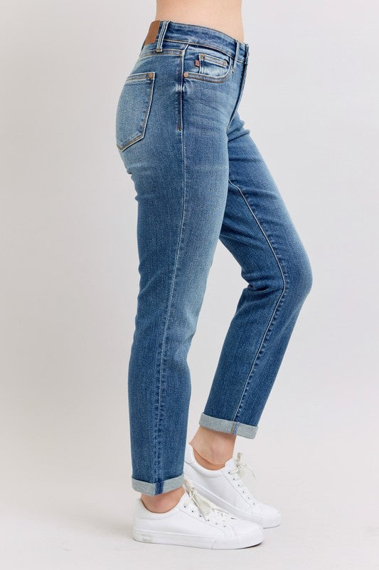 Judy Blue Women's Plus Size Mid Rise Skinny Jeans with Cuff & Pockets - Comfortable Stretch Denim for Casual Wear & Everyday Outfits