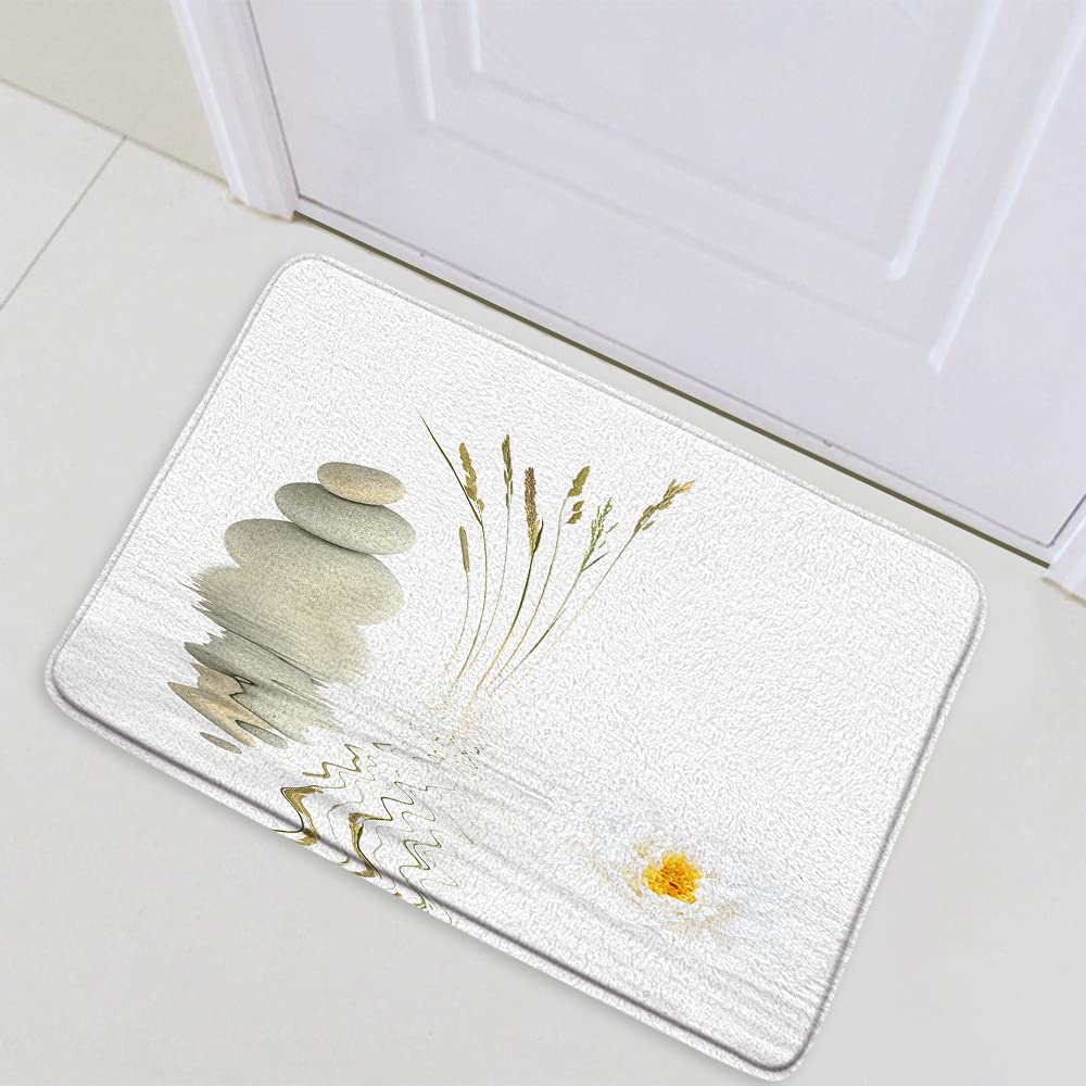 Zen Stone Non-Slip Bath Mat - Flannel Suede Water Absorbent Bathroom Rug with White/Yellow Floral Garden Spa Design (17.71