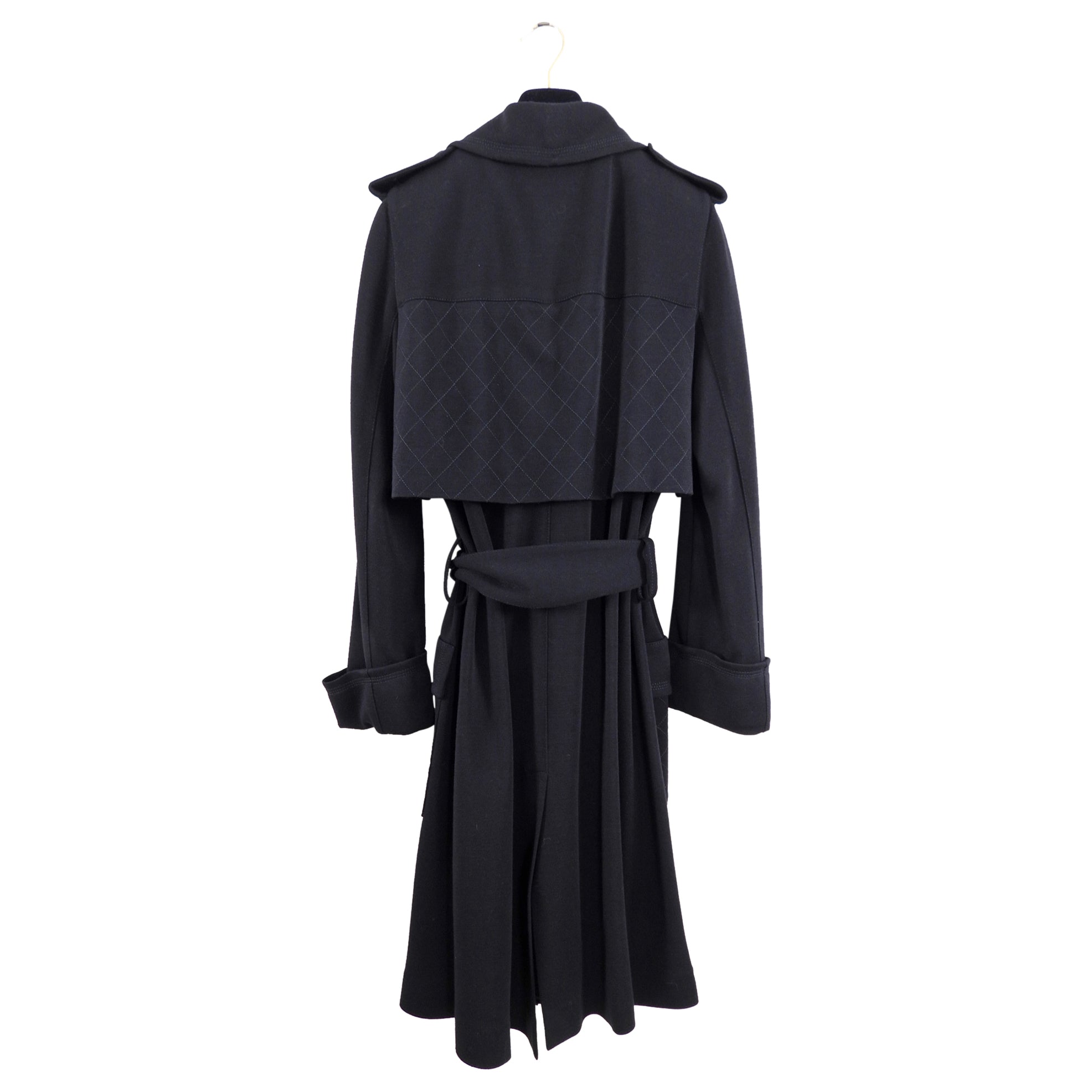 Chanel 11A Black Wool Knit Jersey Belted Trench Coat for Women - Size FR40 / US 8 (Medium) - Perfect for Office Wear, Fall Fashion & Luxury Outerwear