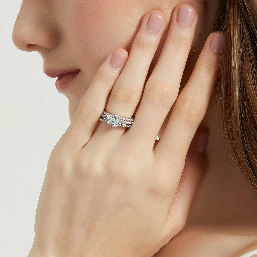 BERRICLE Sterling Silver 3-Stone Oval Cut Cubic Zirconia Engagement Ring Set for Women - 1.2 Carat CZ Wedding Band, Rhodium Plated Size 4-10 - Perfect for Proposals, Anniversaries & Bridal Jewelry Gifts
