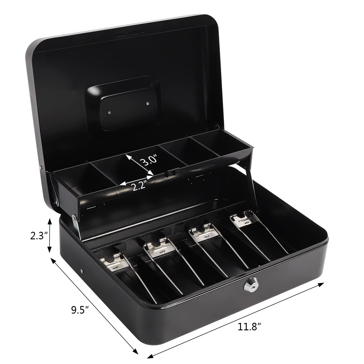 Kasten Large Black Metal Cash Box with Money Tray & Key Lock - 11.8
