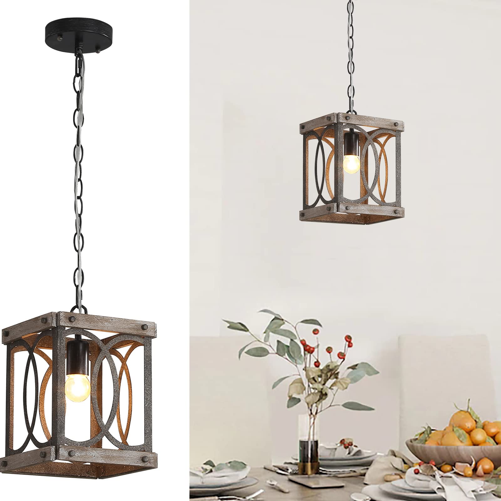 Rustic Black Metal Square Farmhouse Chandelier - Wood Pendant Lighting for Kitchen Island, Dining Room & Entryway | Industrial 1-Light Ceiling Fixture for Foyer, Hallway & Over Table | Perfect for Farmhouse, Industrial & Vintage Home Decor