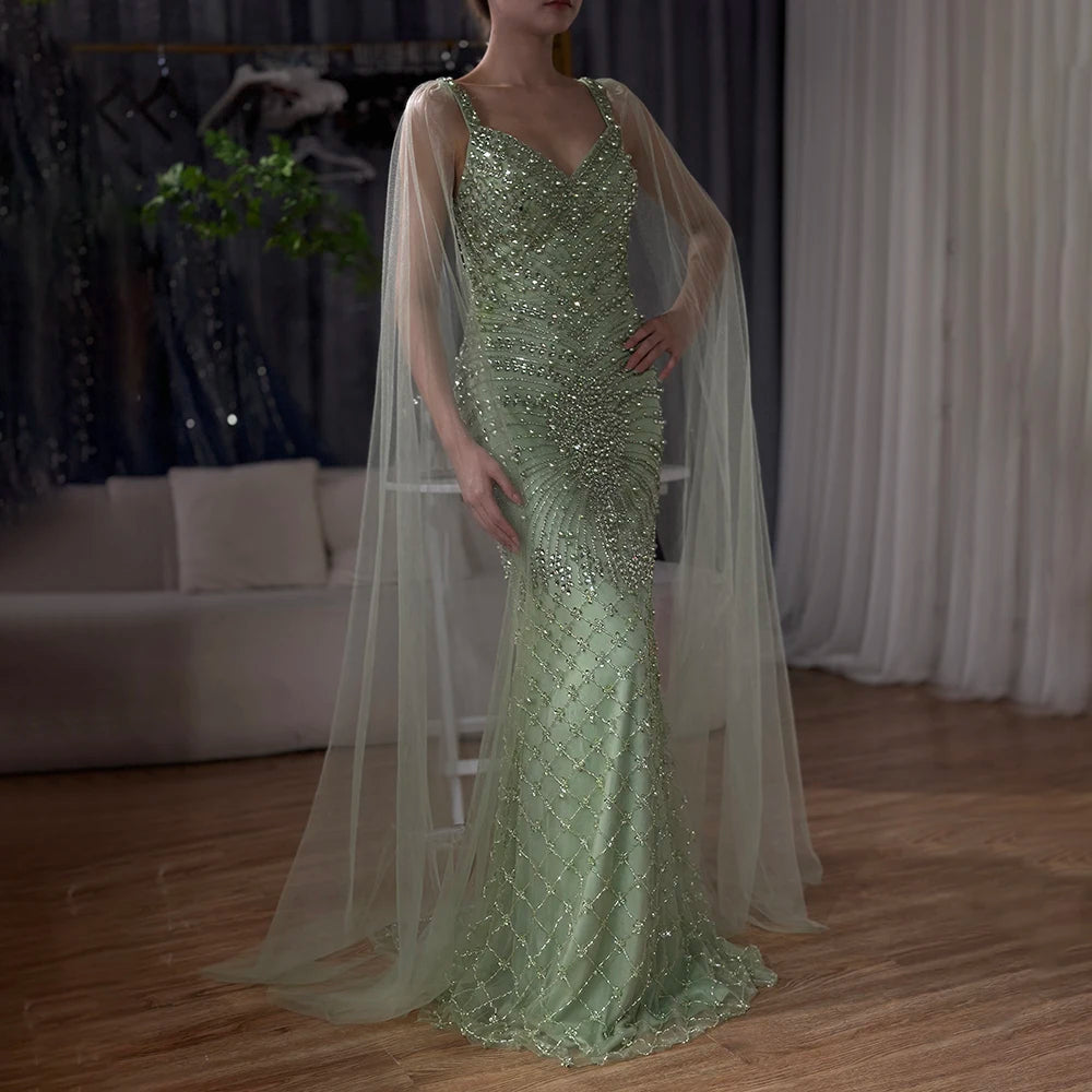 Luxury Dubai Arabic Mermaid Cape Sleeve Beaded Evening Gown - Elegant Saudi Formal Dress for Weddings, Galas & Special Occasions | LA72748