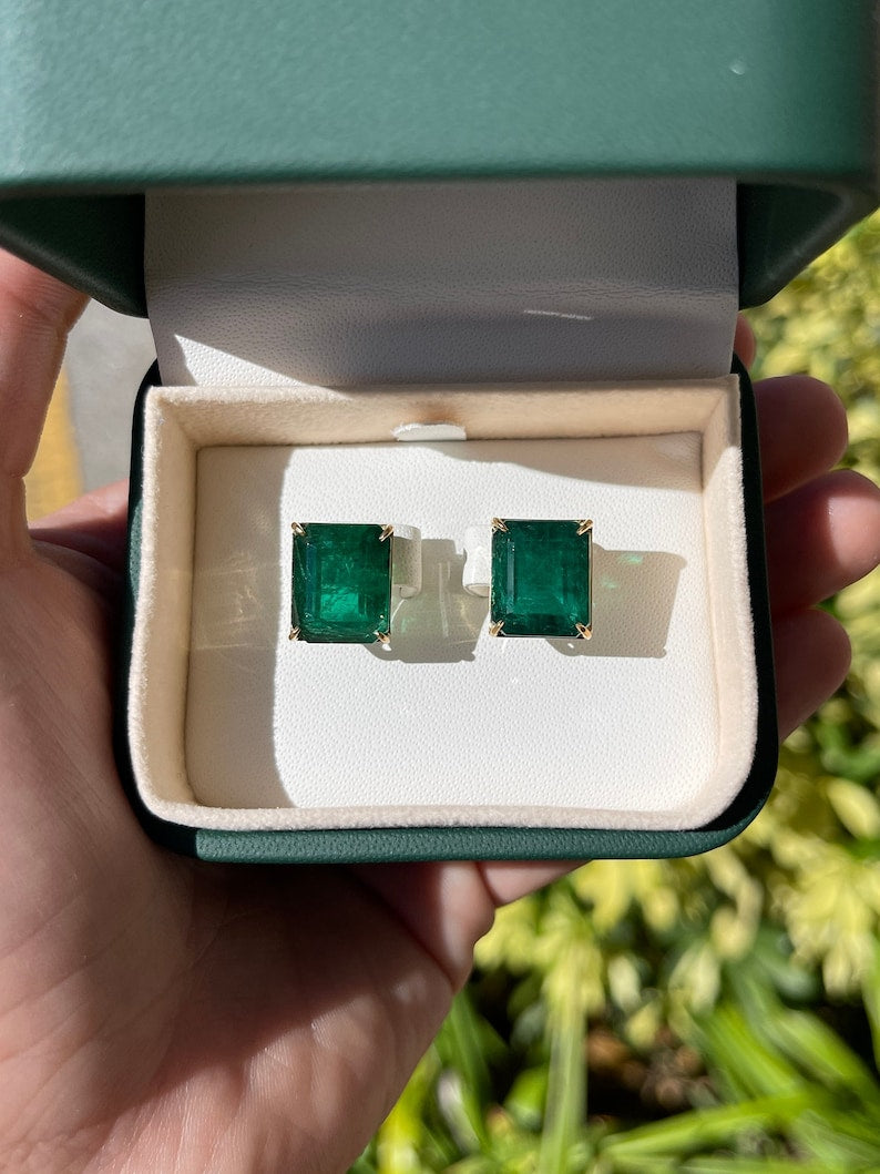 18K Gold Emerald Stud Earrings AAA Quality 18.04tcw - Luxury Statement Jewelry for Women, Perfect for Weddings, Parties & Special Occasions