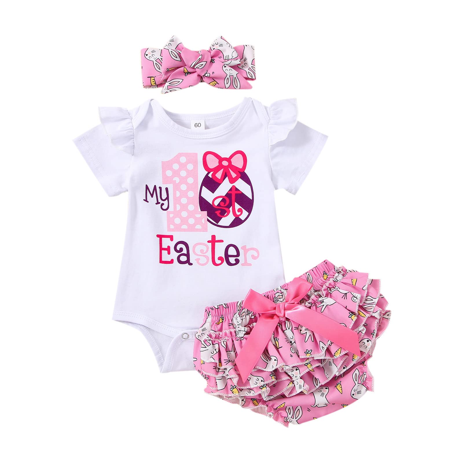 Lamuusaa Newborn Baby Girls Easter Outfits - My First Easter Romper Bodysuit with Ruffle Bunny Shorts & Headband (3Pcs Set) | Perfect for Easter Photoshoots, Church Celebrations & Spring Family Gatherings