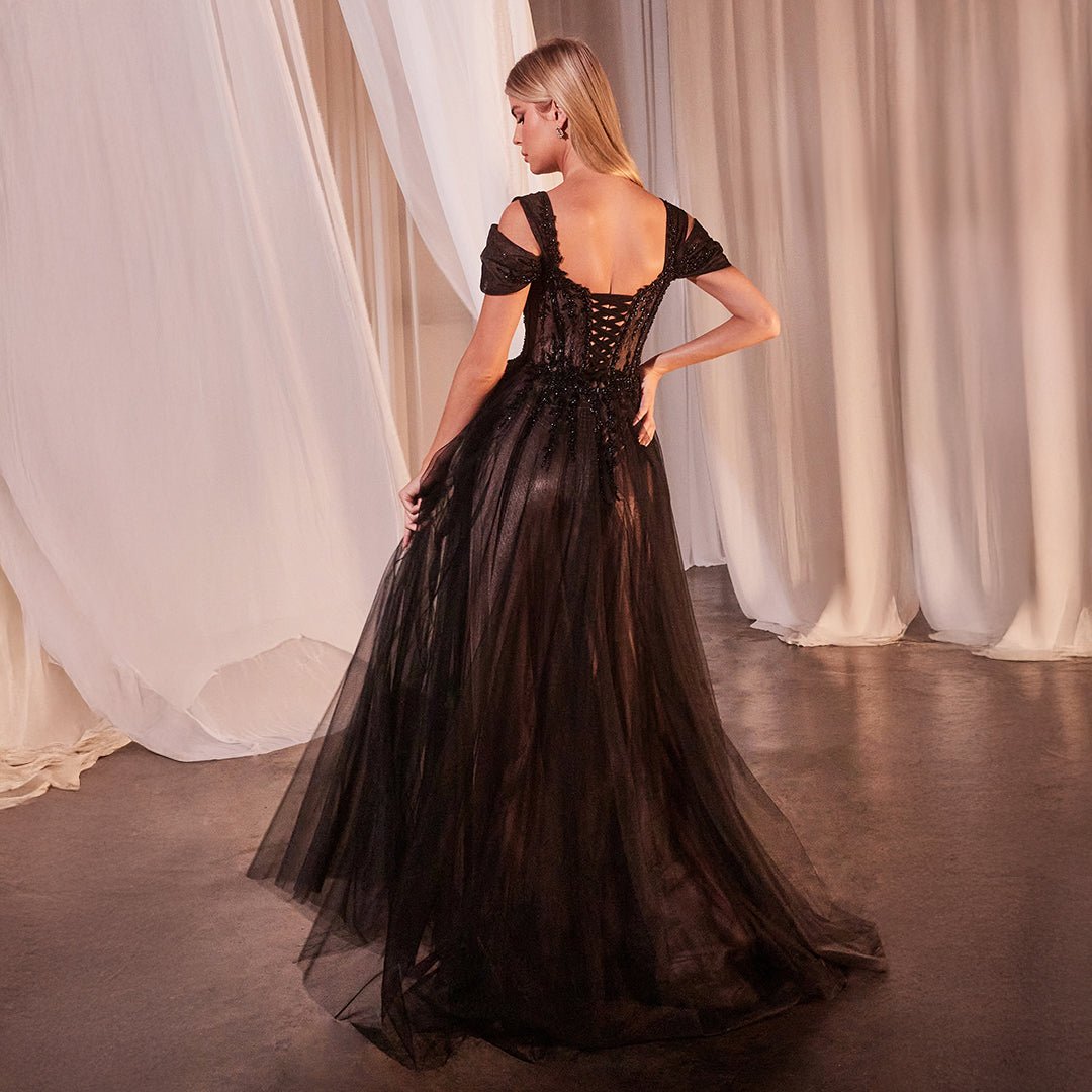 Ladivine by Cinderella Divine Black & Nude Applique Cold Shoulder A-Line Prom Dress for Homecoming, Formal Dances & Special Occasions