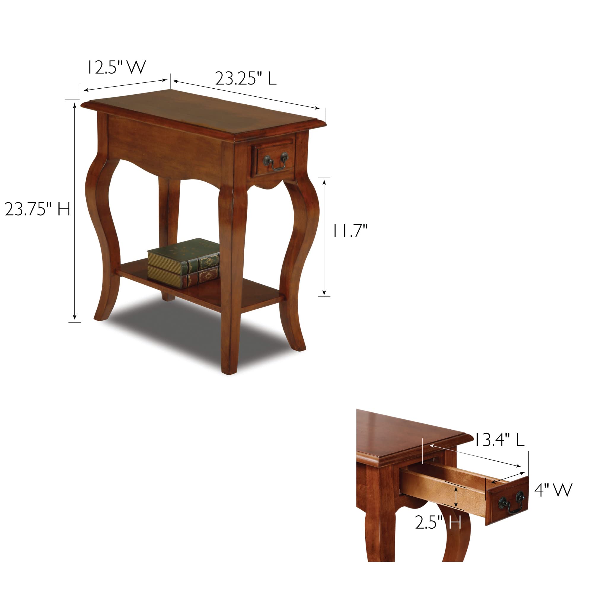 Leick Home 9018-BR Brown Cherry French Cabriole Leg Side Table with Drawer & Shelf - Elegant Living Room, Bedroom, or Entryway Accent Table