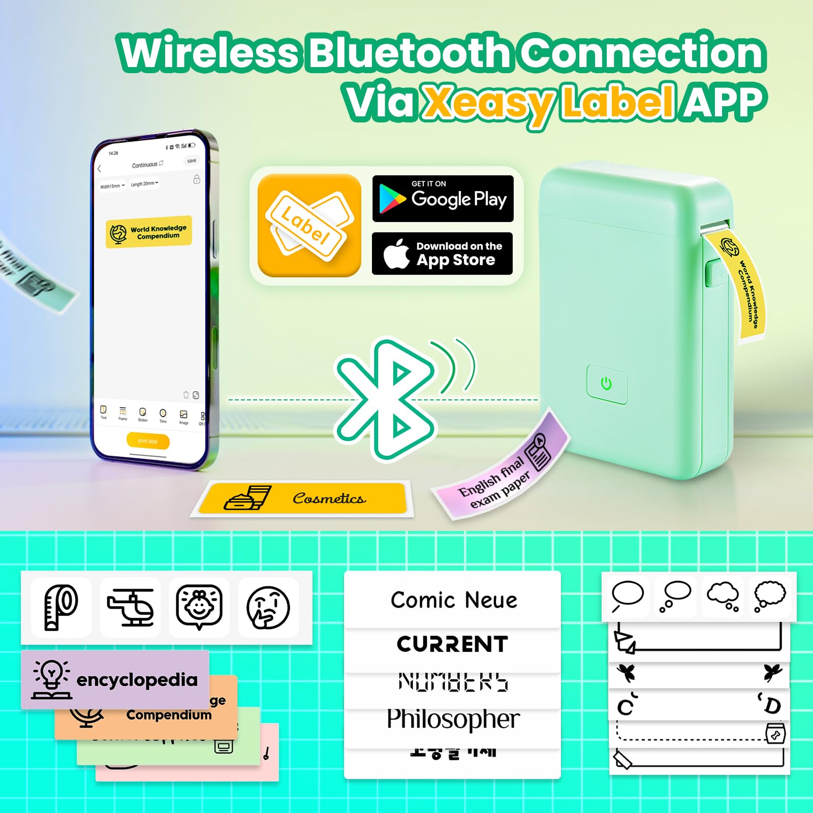 Vretti HP2 Portable Bluetooth Label Maker Machine with Tape - Mini Sticker Printer for Home Office, Shipping, Barcode & Storage Organization - Multiple Templates Included (Green) | Perfect for Pantry Labels, Moving Boxes & Craft Projects