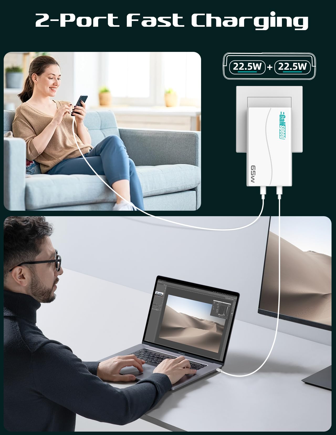 UltraSlim 65W GaN PD USB C Wall Charger - 2-Port Fast Charging Adapter for iPhone 15/16 Pro Max, Samsung Galaxy S24/Z Fold, iPad Air/Pro, MacBook Air/Pro - Compact Travel Charger for Home, Office & Airplane Use
