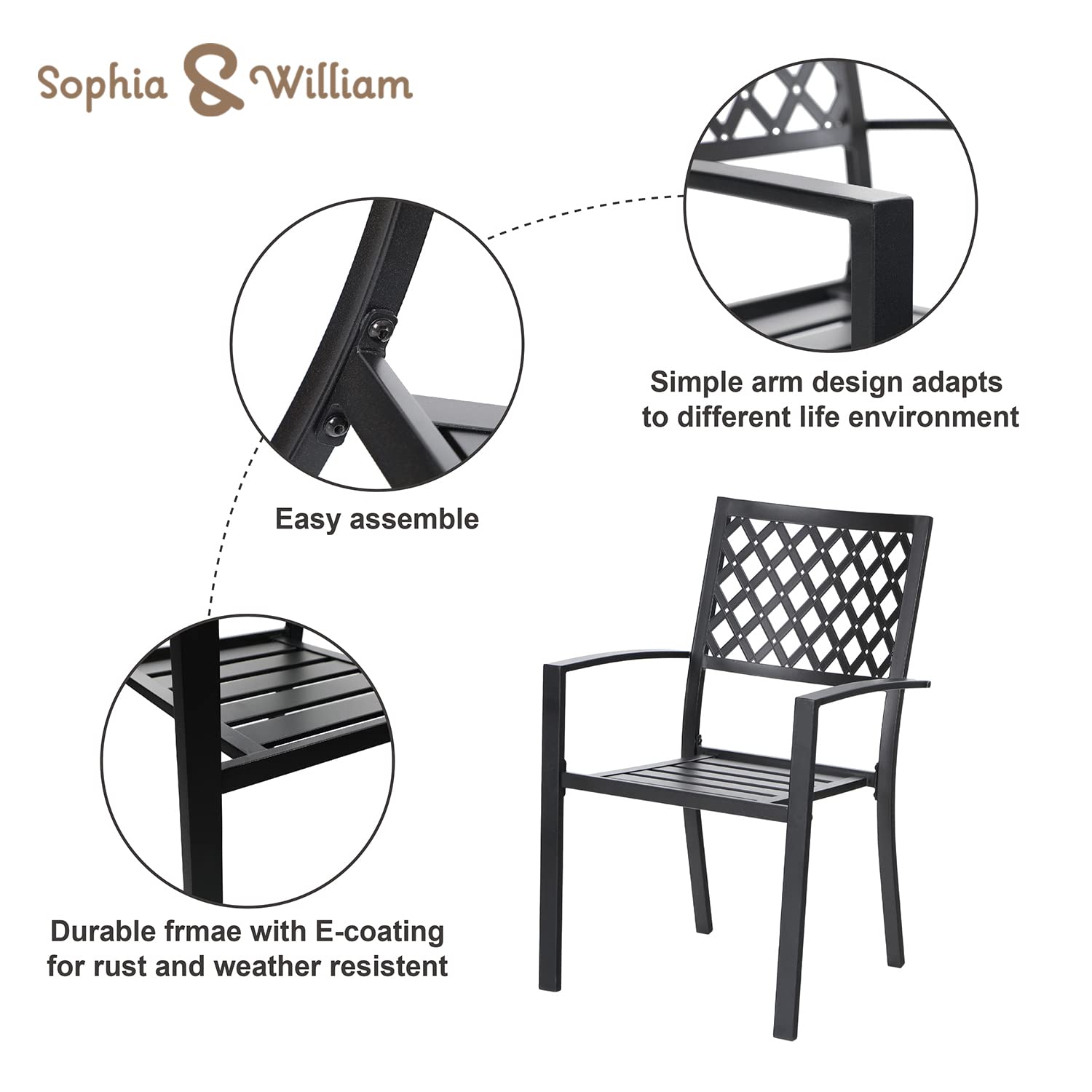 Sophia & William 3-Piece Patio Bistro Set - 2 Stackable Metal Chairs & Round Side Table - Outdoor Furniture for Backyard, Balcony, Garden & Indoor Use - Perfect for Relaxing, Dining & Entertaining