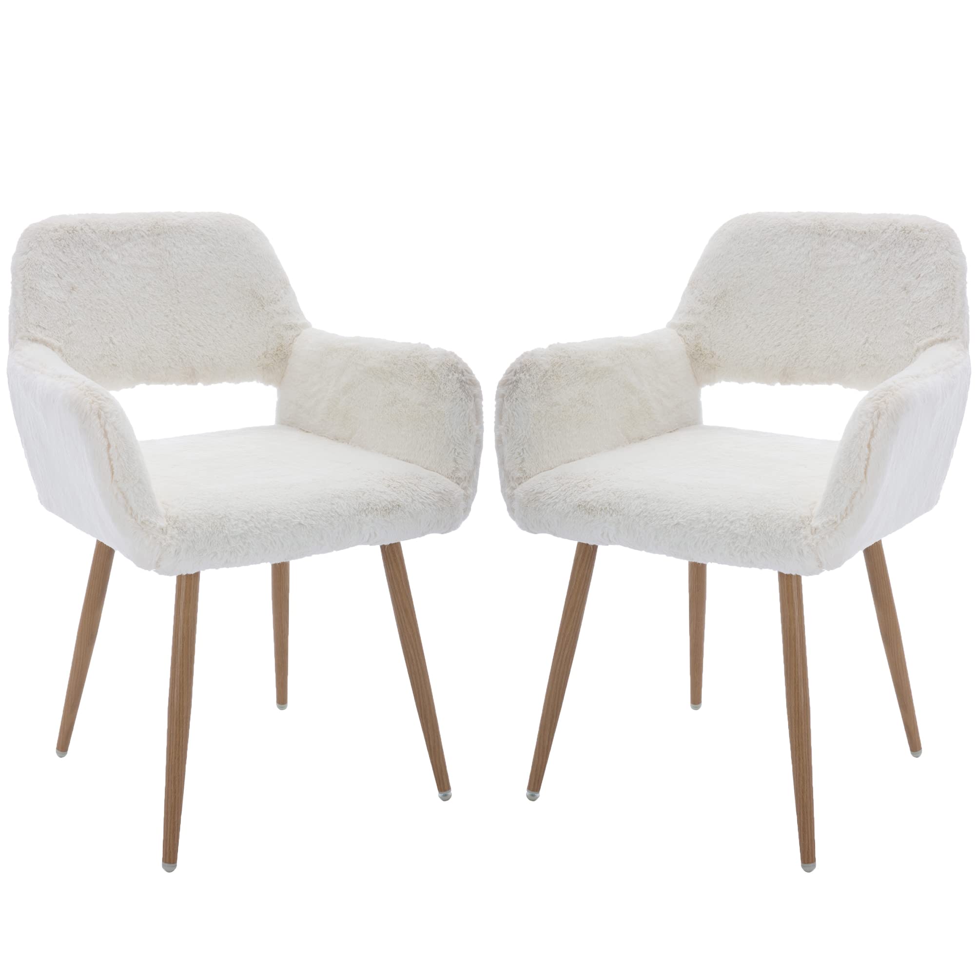 Mid-Century Modern Faux Fur Desk Chair Set of 2 - Comfy Accent Armchair with Wood-Look Metal Legs for Living Room, Dining Room, Home Office & Vanity - Perfect for Teen Girls Bedroom & Makeup Area (White, No Wheels)
