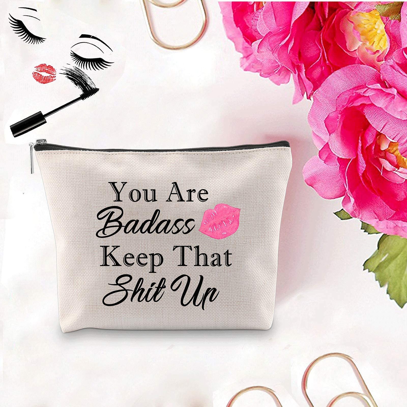 PXTIDY Funny Motivational Makeup Bag - 'You Are Badass Keep That Shit Up' Cosmetic Pouch for Travel & Daily Use - Perfect Gift for Women (Beige) | Great for Makeup Storage, Gym Essentials & Travel Organizer