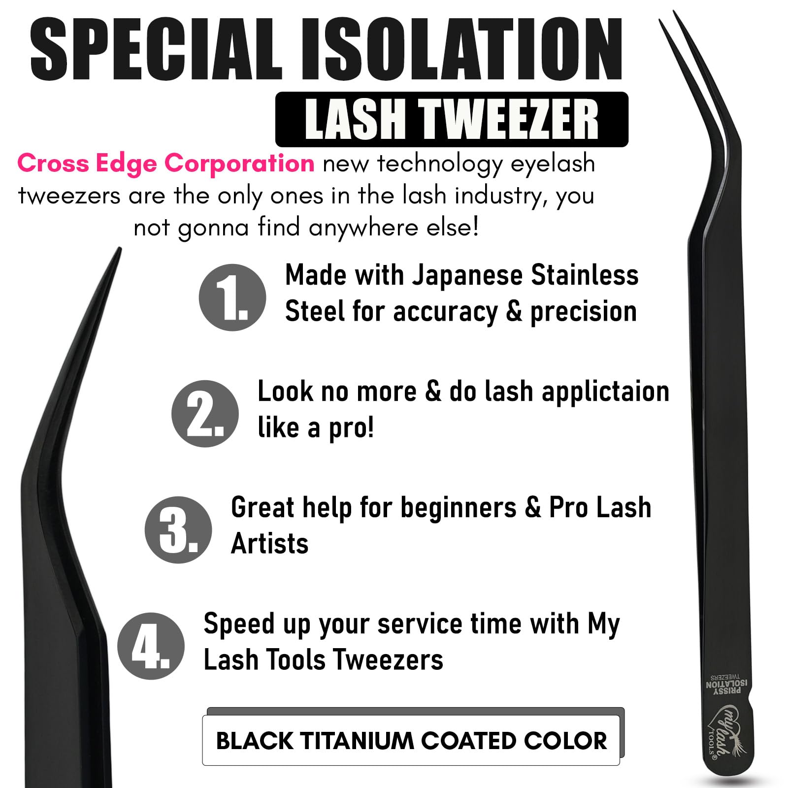 Premium Japanese Stainless Steel Eyelash Extension Tweezers - My Lash Tools Isolation Tweezers for Individual & Classic Lashes, Lightweight Precision Lash Tweezers (1pc, Black) - Perfect for Salon Professionals & DIY Lash Artists at Home