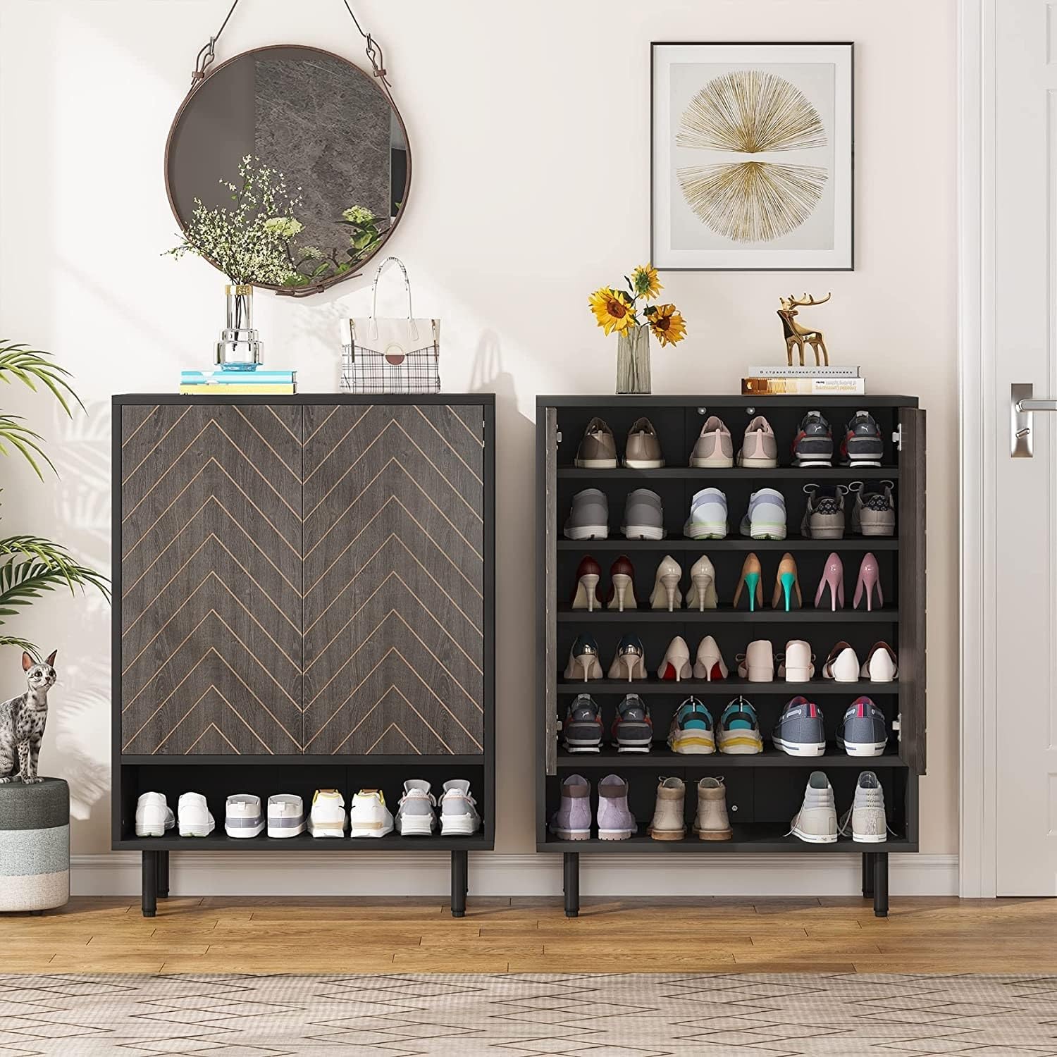 Modern 18 Pair Shoe Storage Cabinet with Door - White | Space-Saving Shoe Organizer for Entryway, Closet & Bedroom