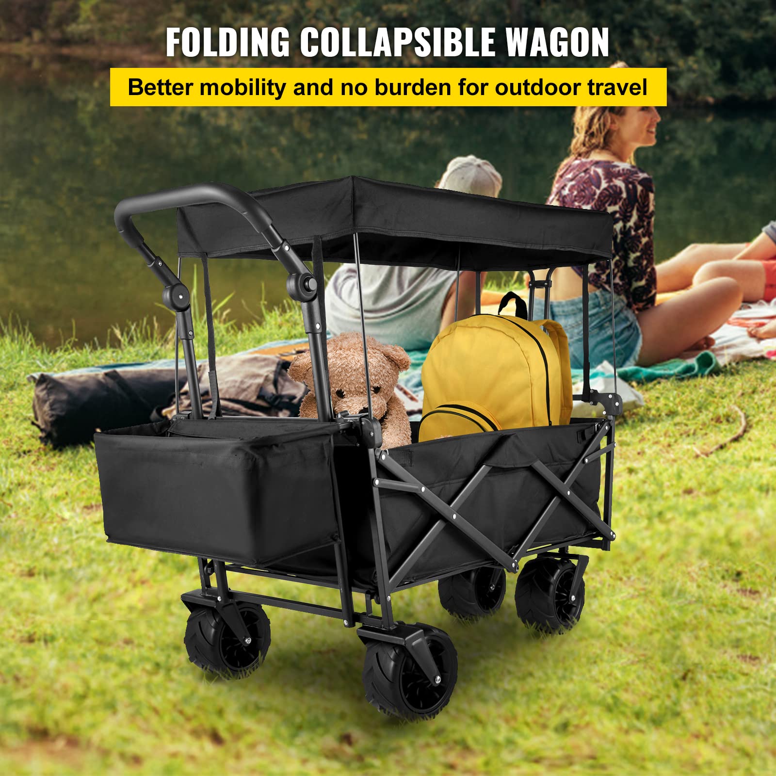 VEVOR Collapsible Wagon with Canopy - 220lbs Capacity Foldable Utility Cart with Large Wheels & Adjustable Handles - Perfect for Beach, Camping, Picnics & Outdoor Adventures