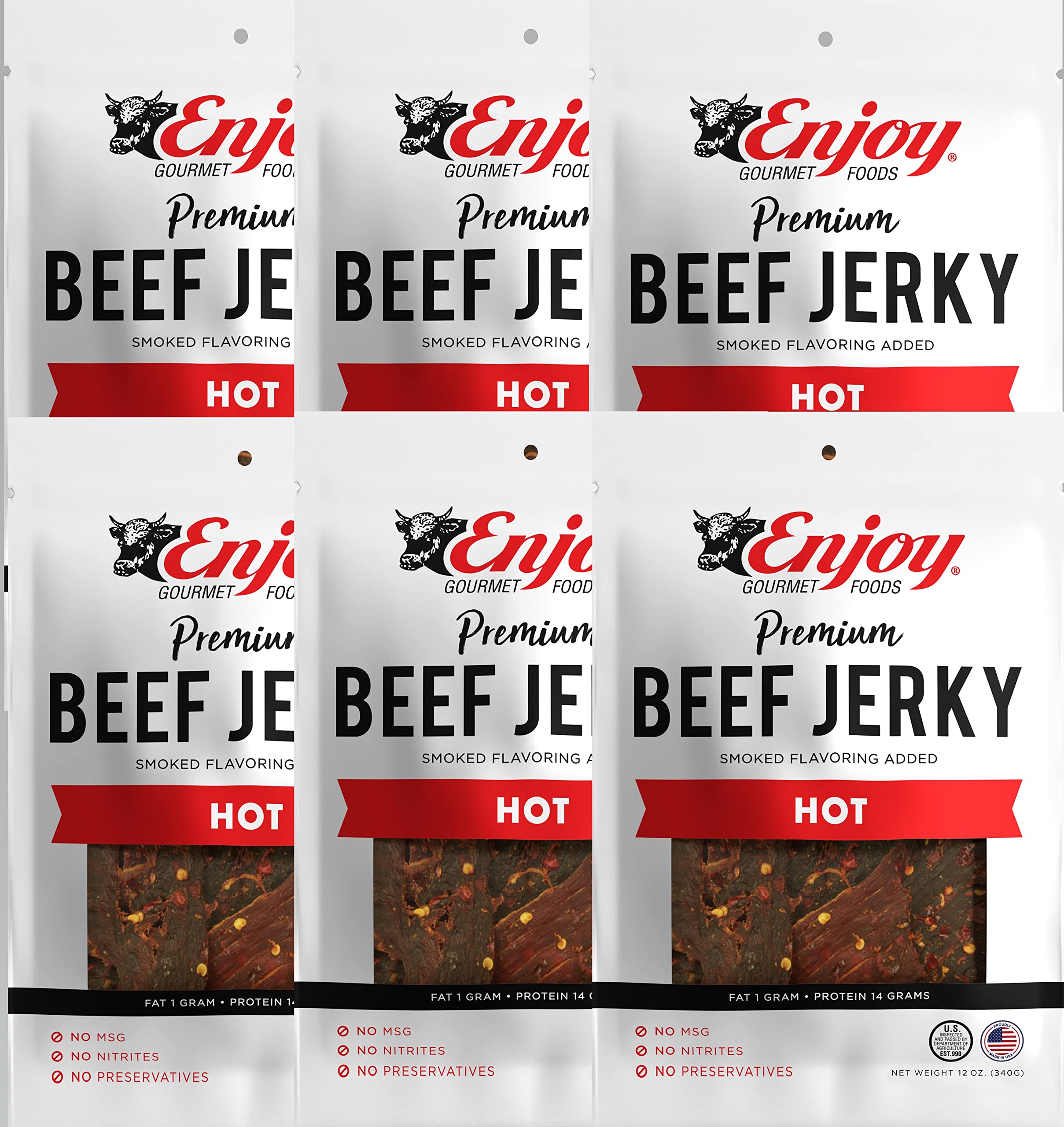 Premium Beef Jerky 12 oz (Pack of 6) | Traditional Style | USA Made | High Protein Low Fat Snack | No Preservatives, MSG or Nitrites | Resealable Bags | Perfect for Hiking, Camping & Road Trips