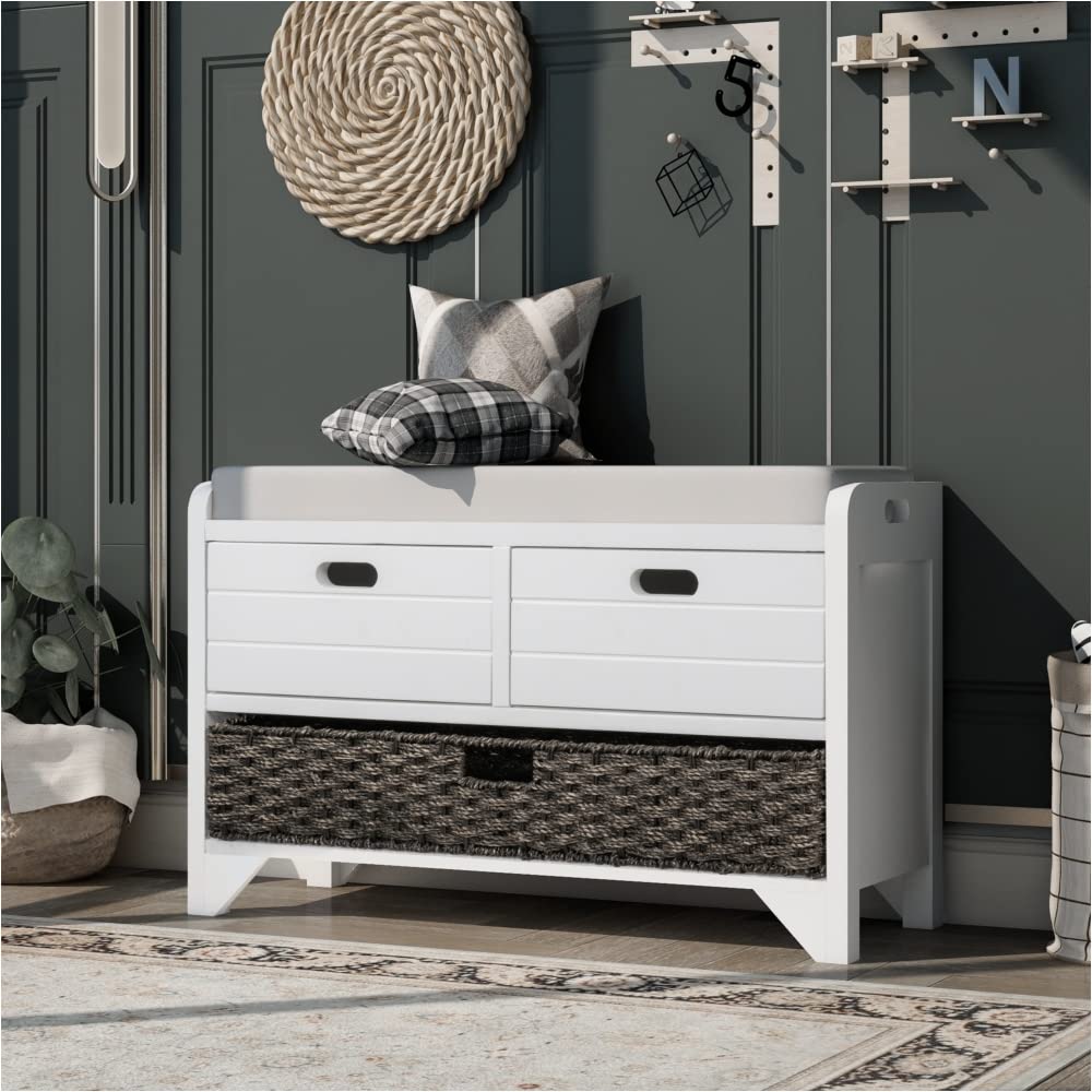 NYCSUOANI White Storage Bench with Removable Basket & 2 Drawers - Fully Assembled Shoe Bench with Cushion - Entryway Organizer for Shoes, Hats & Accessories - Perfect for Hallway, Bedroom or Mudroom Storage