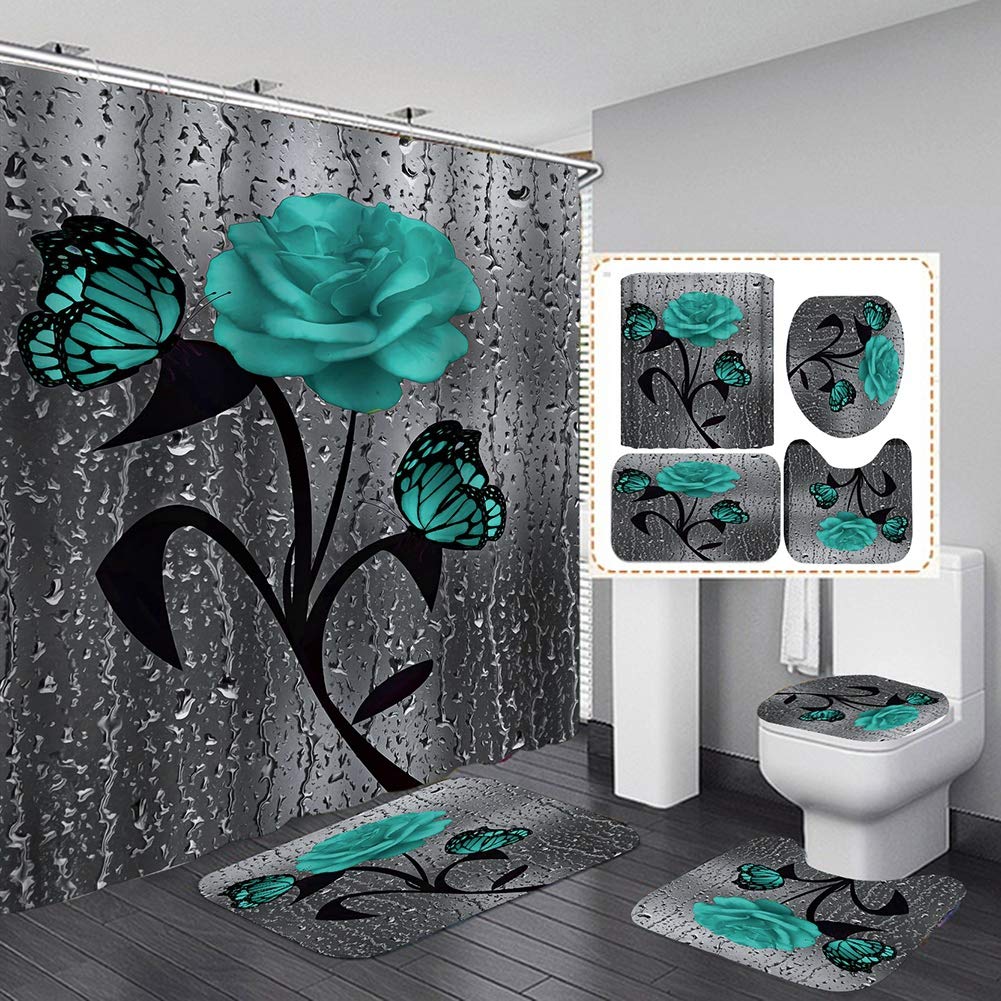 Ochine Rose Flower Teal Shower Curtain Set - Waterproof Floral Bathroom Decor with Hooks, Non-Slip Rugs, Toilet Lid Cover & Bath Mat | Butterfly Blue Rose Design | Perfect for Modern Bathrooms & Guest Bath Decor (Ships from USA)