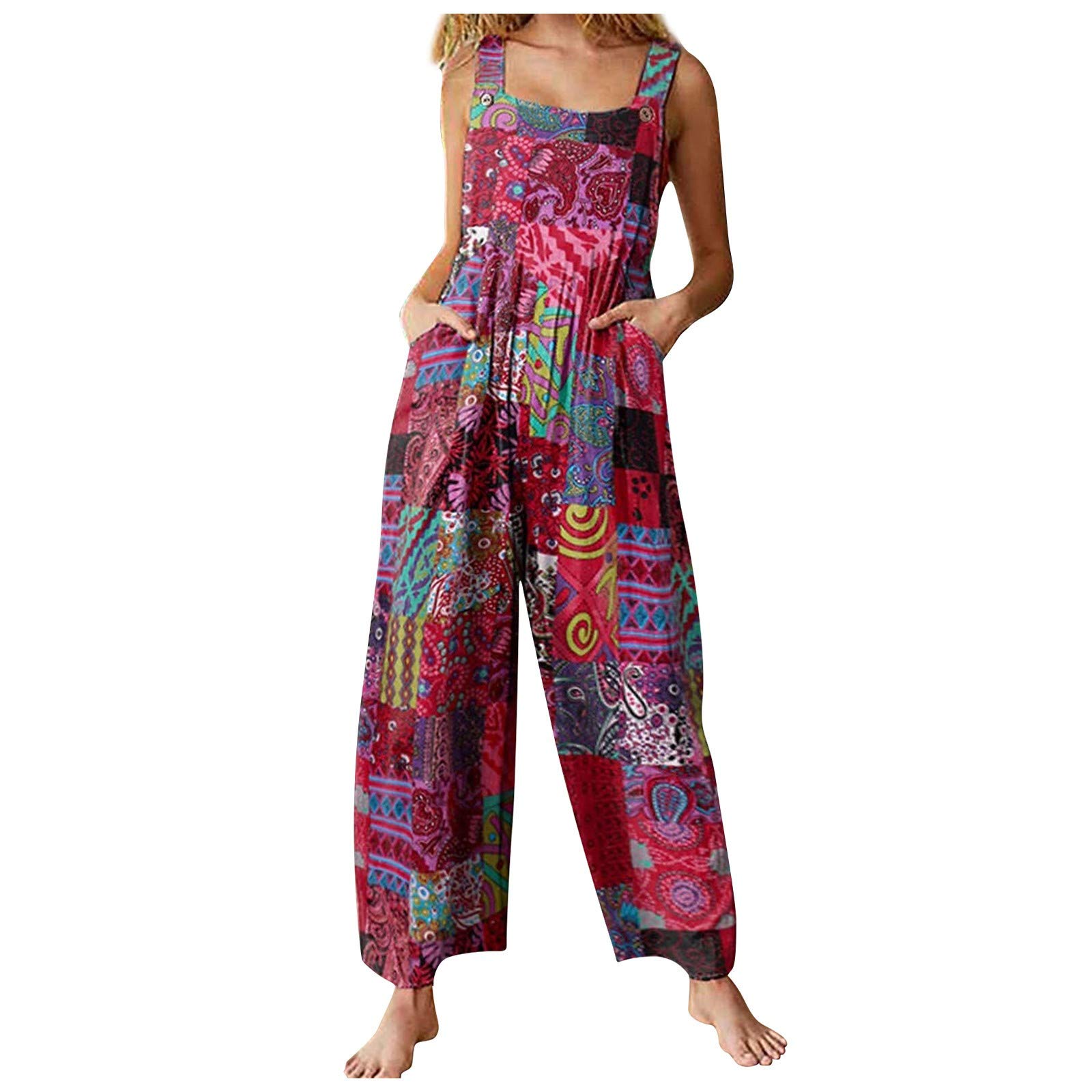 YRAETENM Women's Loose Fit Overalls - Floral Print Sleeveless Jumpsuit with Pockets | Summer Wide Leg Suspender Pants for Casual Outings, Beach Vacations & Outdoor Adventures