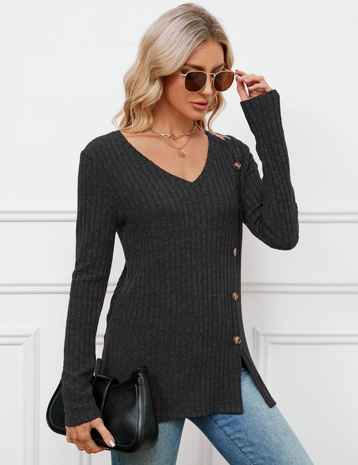 Women's V Neck Knit Jumper - Lightweight Long Sleeve Button Front Top for Casual Wear