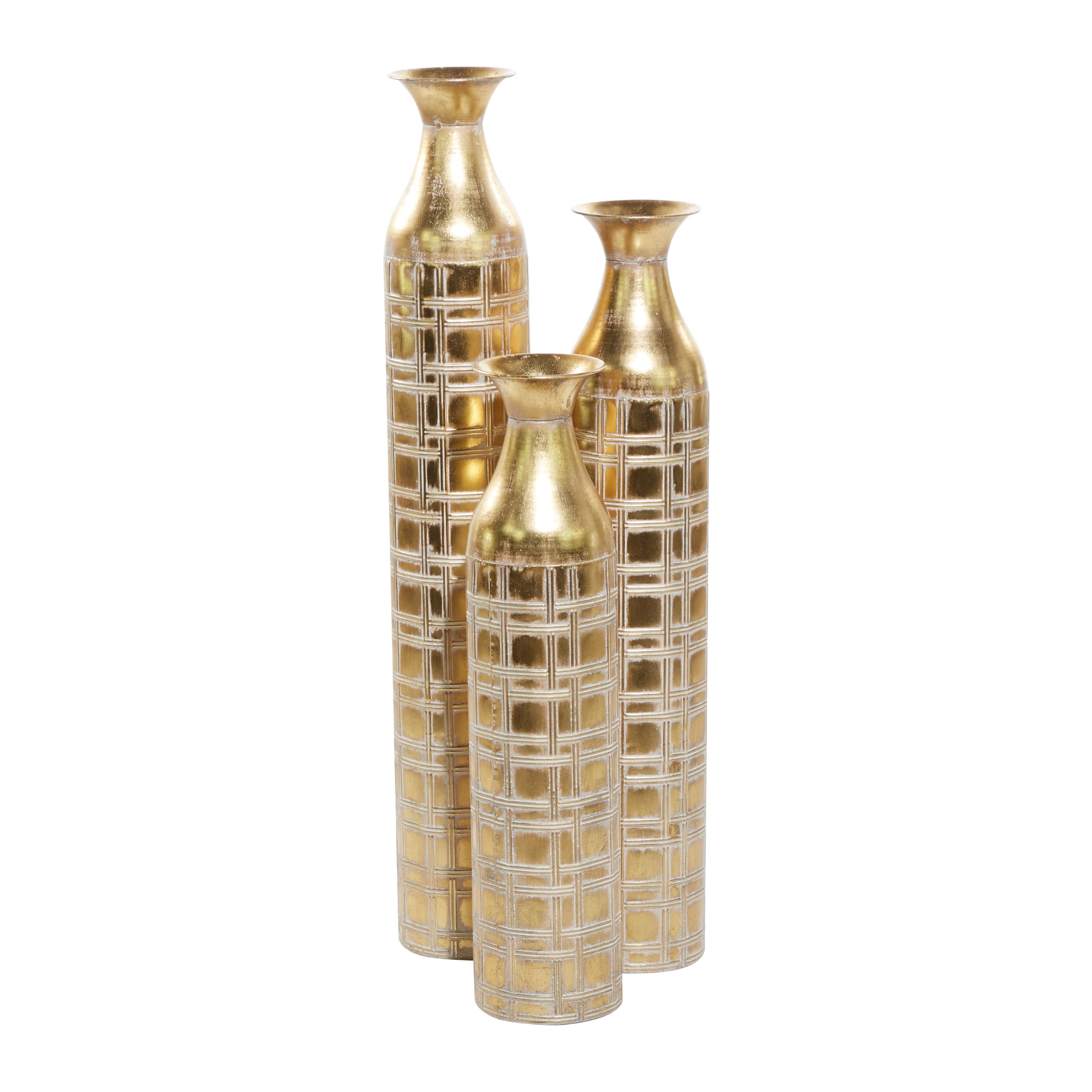 **Deco 79 Tall Metal Decorative Vase Set of 3 - Distressed Gold Etched Grid Patterns, 35