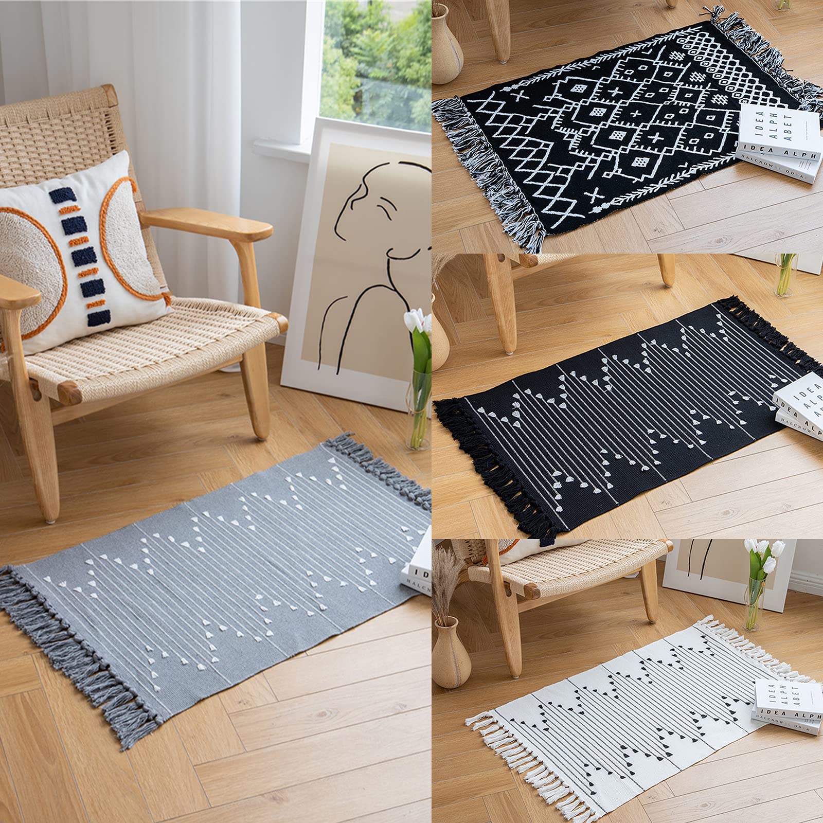 STOYRB Boho Bathroom Rug Set of 4 - Woven Geometric Cotton Moroccan Tassel Rugs in Black & White - Non-Slip Washable Bohemian Floor Mats for Bathroom, Kitchen, Laundry, Bedroom & Living Room Decor