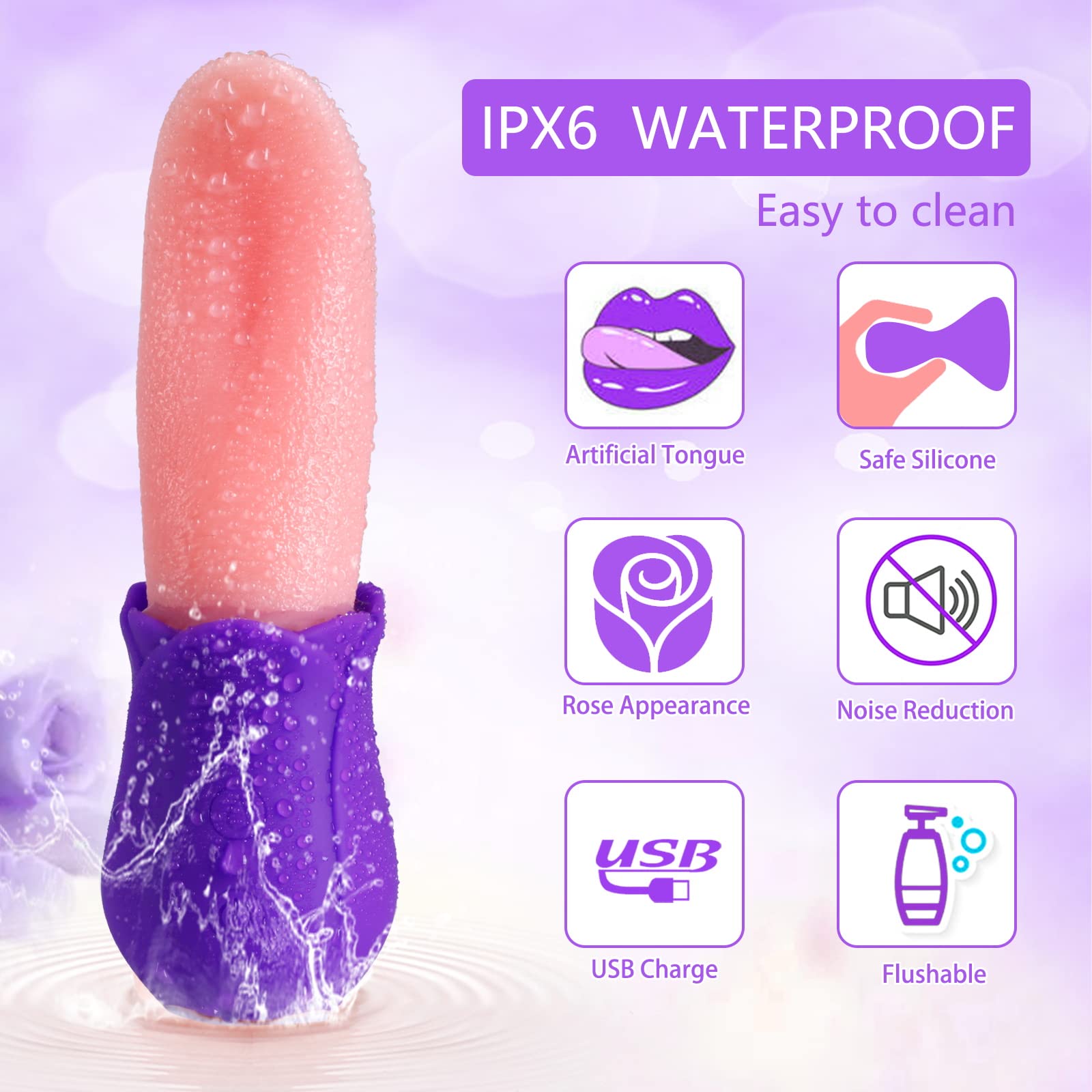 Premium Rose Vibrator for Women - Clitoral & G-Spot Stimulator with Tongue Licking Technology, Nipple & Breast Massager - Purple Adult Sex Toy for Solo Play & Couples Foreplay | Perfect for Sensual Exploration & Intimate Moments
