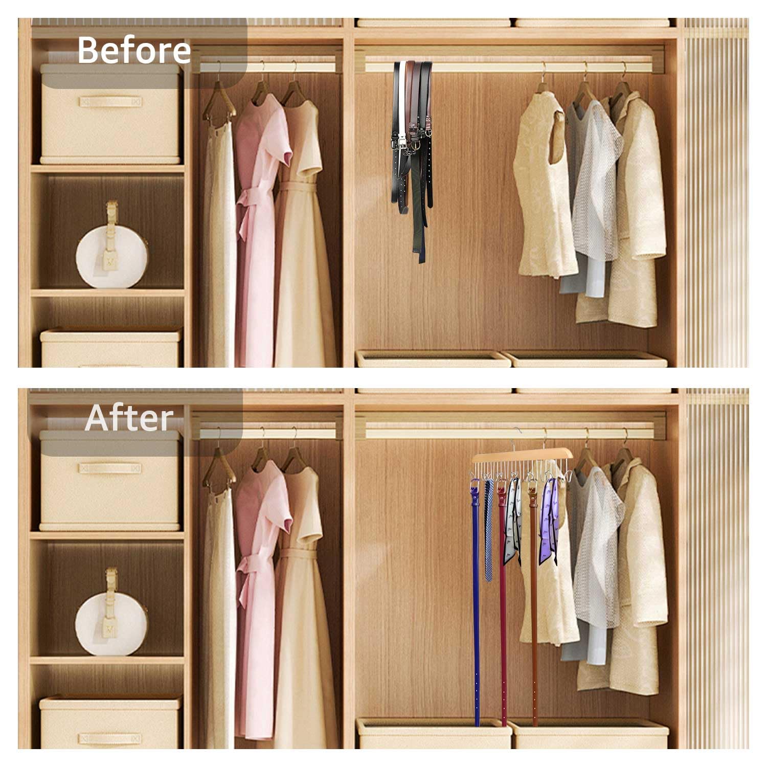 ManGotree Wooden Belt Hanger for Closet Organizer - 12 Hook Space Saving Belt Rack for Belts, Ties, Scarves, Hats & Accessories - Sturdy Wood Storage Solution (2 Pack, Natural) - Perfect for Bedroom, Closet & Entryway Organization