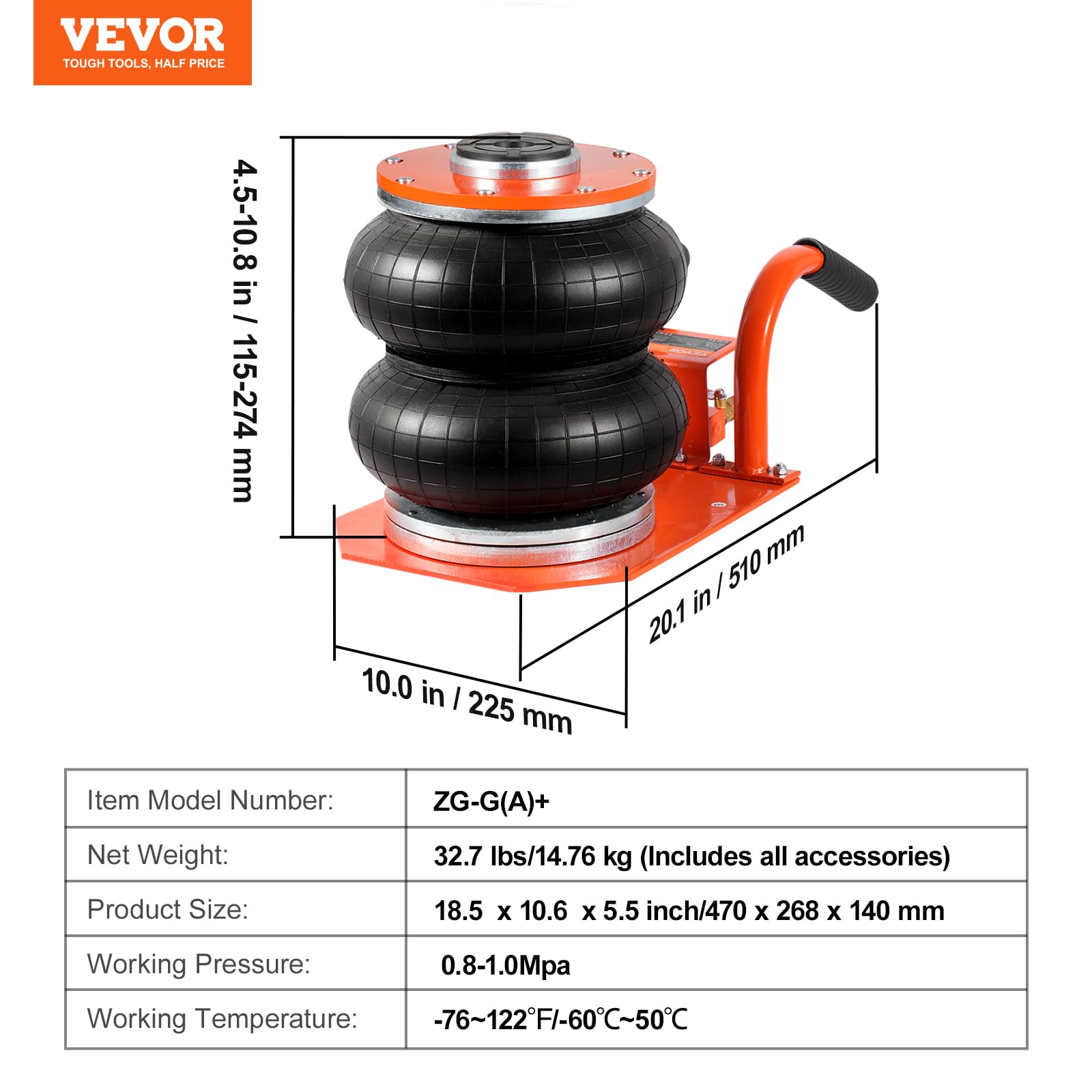 VEVOR 3 Ton/6600 lbs Air Jack for Car Repair - Heavy Duty Two Bag Pneumatic Lift with 6 Steel Tubes, Thick Rubber Pad & Heightened Column (Lifts up to 14.3