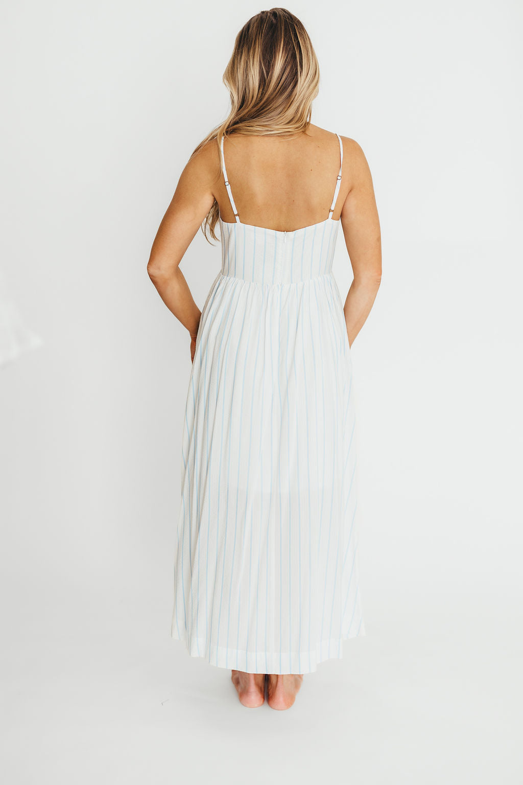 Genesis Stripe Midi Dress - White & Blue Floral Summer Dress for Women | Beach Wedding, Party & Casual Wear