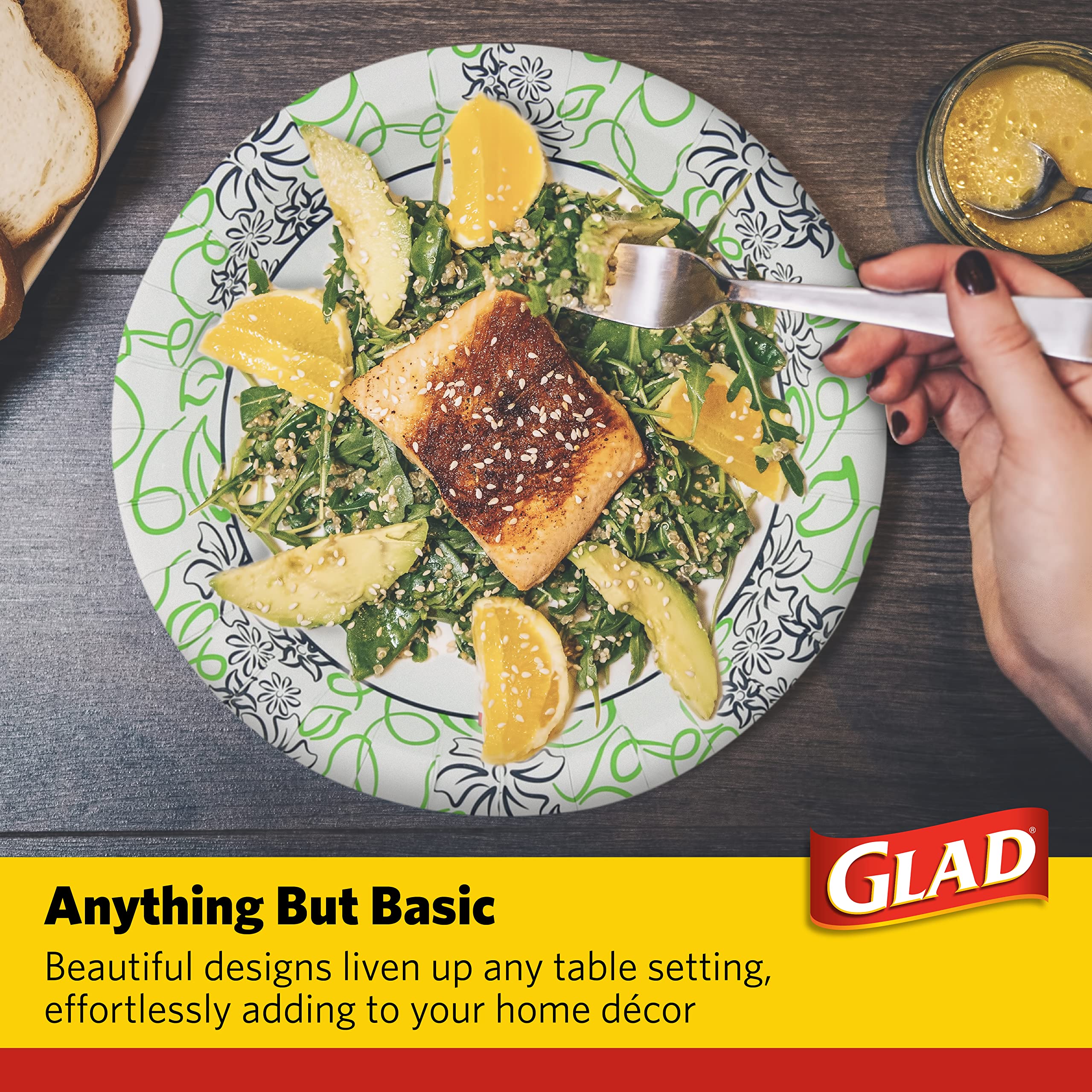 Glad 8.5-Inch Round Heavy Duty Disposable Paper Plates - Soak Proof, Cut Resistant & Microwavable - White with Blue Green Floral Design - 600 Count (12 Packs of 50) - Perfect for Parties, BBQs, Picnics & Family Gatherings