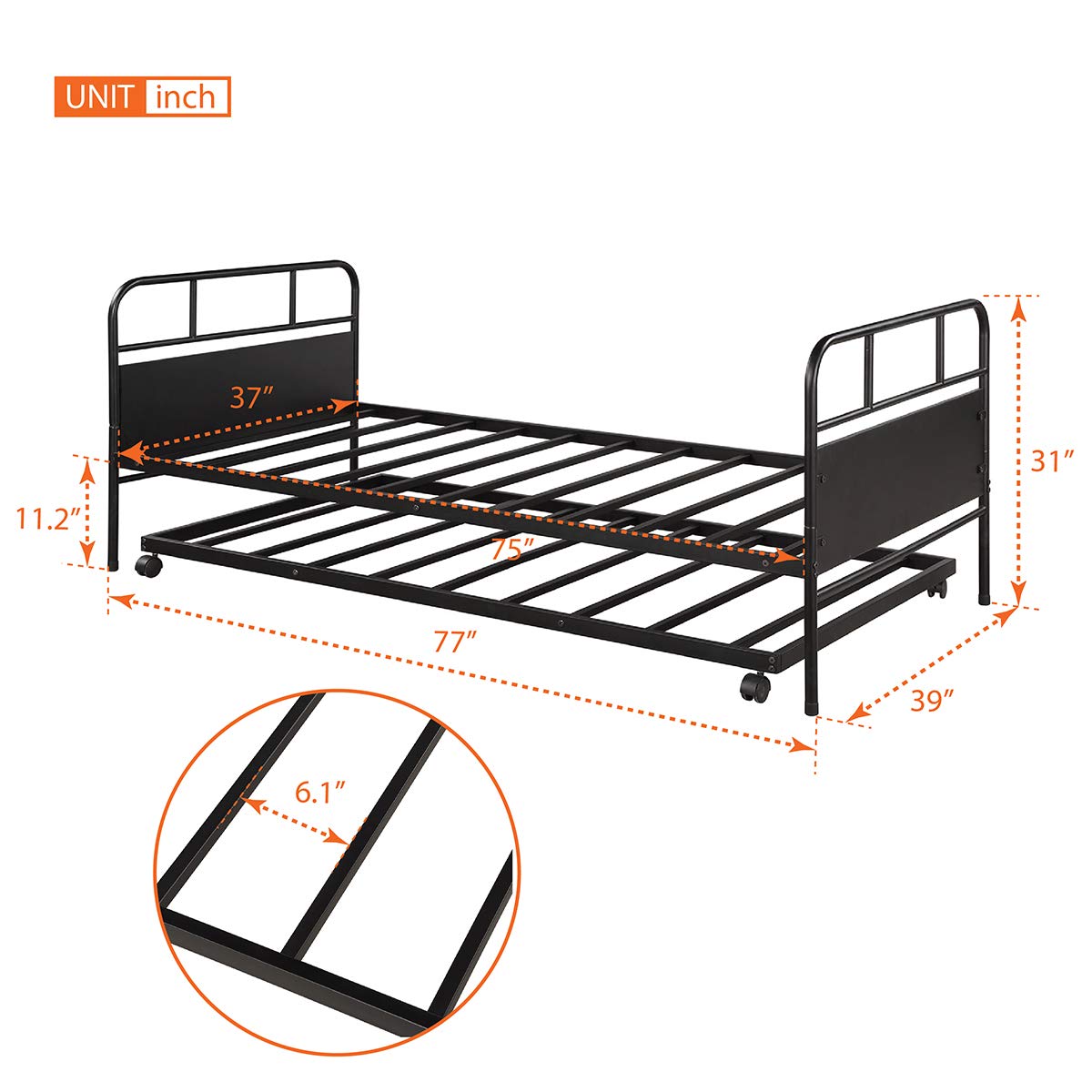 Metal Twin Daybed with Trundle - Sturdy Platform Bed Frame with Headboard & Footboard for Kids & Guest Rooms - Black | Perfect for Sleepovers, Small Spaces & Extra Bedding Storage