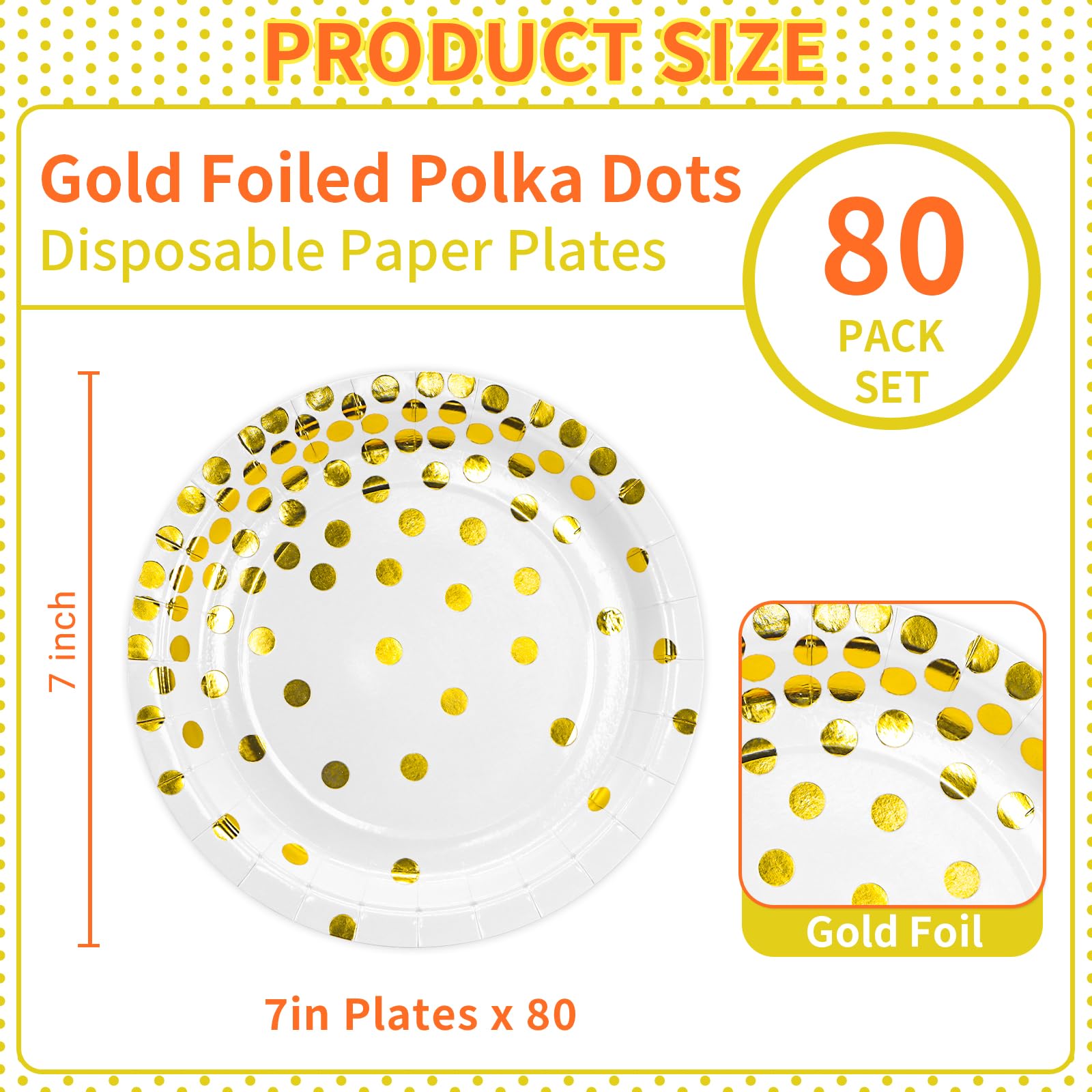DYLIVeS 80 Count White and Gold 7 Inch Disposable Paper Plates - Elegant Metallic Foil Polka Dot Design for Desserts, Cocktails, Birthday Parties, Bridal Showers, Easter & Graduation Celebrations - Perfect for Indoor/Outdoor Events & Holiday Gatherings