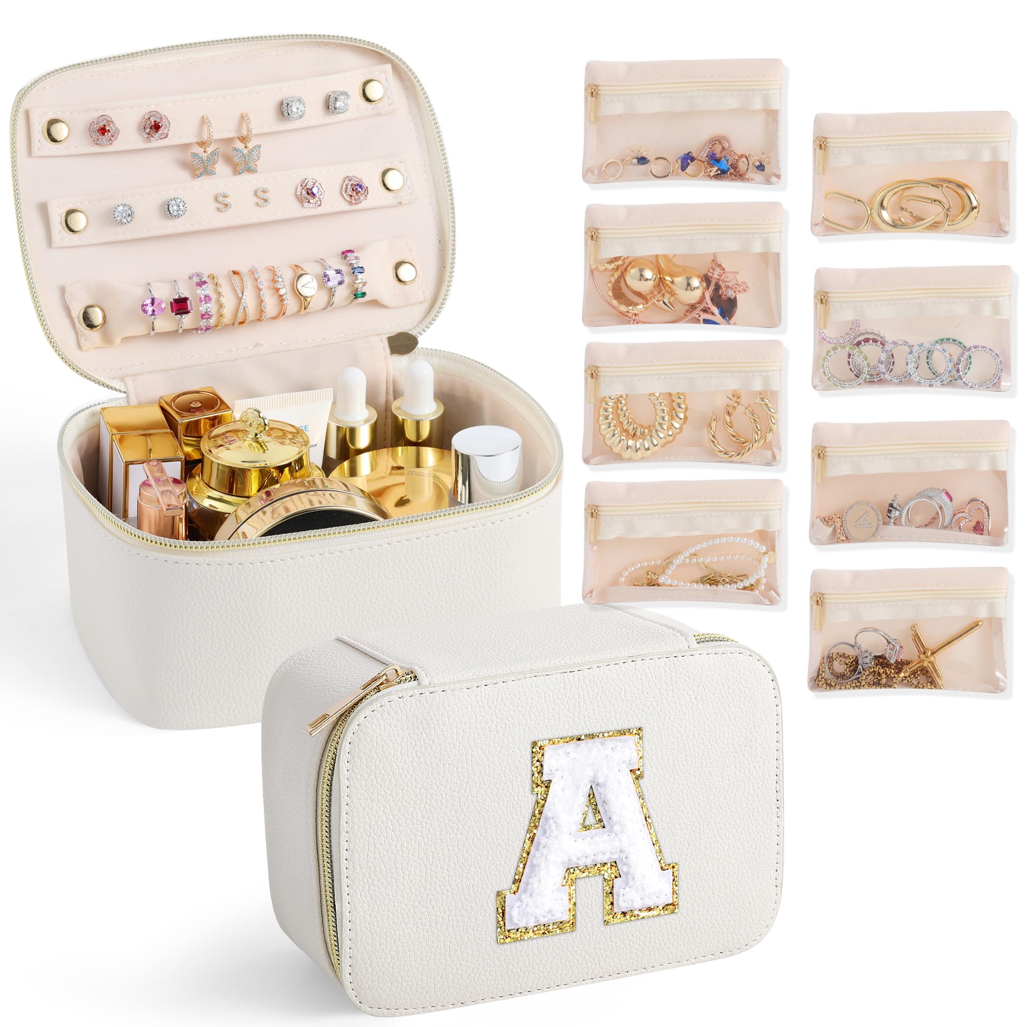 Personalized Initial Letter A Travel Jewelry Box & Makeup Organizer - White Christmas Gift for Women & Girls | Compact Jewelry Case for Travel Essentials | Perfect for Vacation, Bridal Shower & Birthday Presents