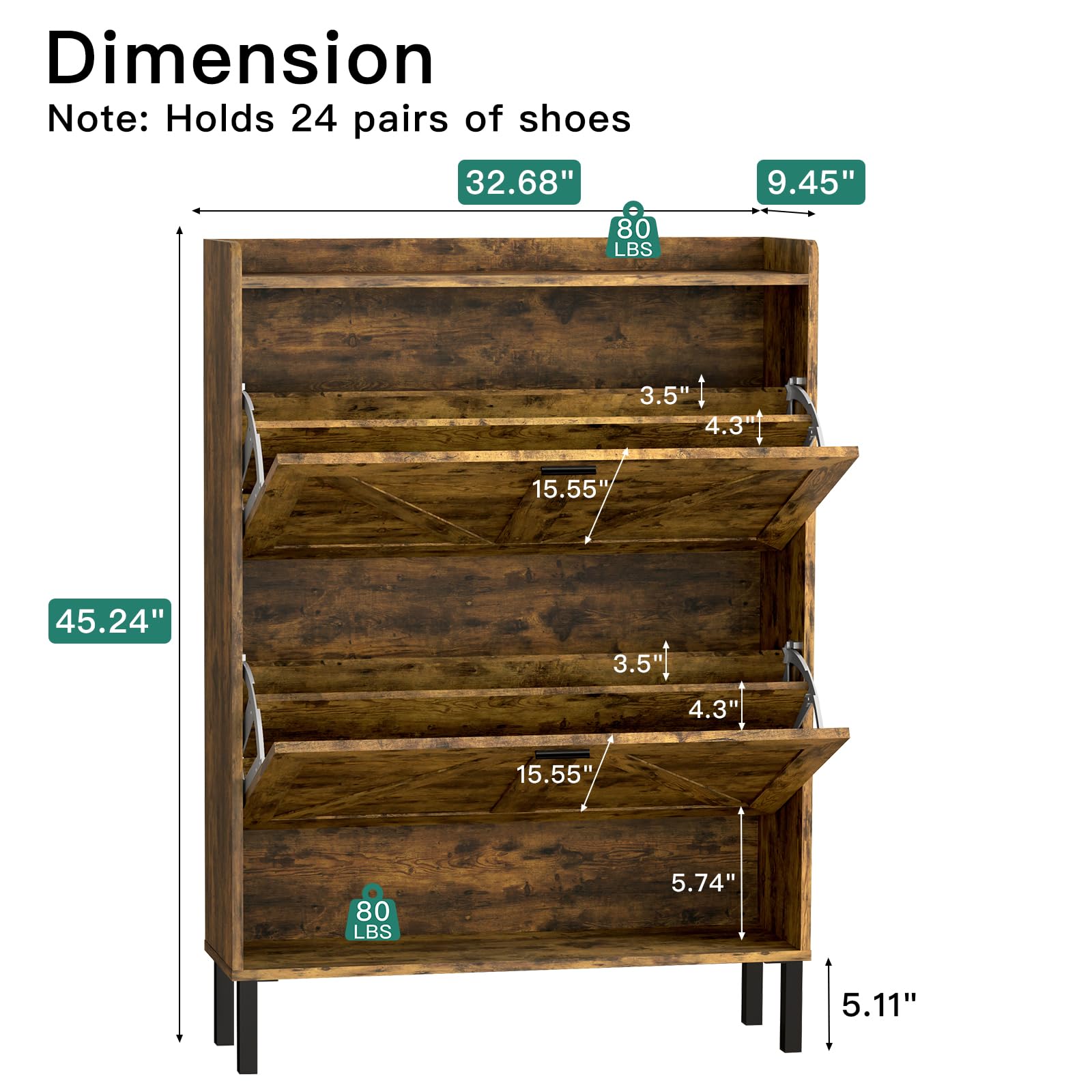 Farmhouse Wooden Shoe Cabinet with 2 Flip Drawers - Rustic Brown Entryway Storage Organizer, Freestanding Tall Narrow Shoe Rack with Metal Legs for Hallway, Living Room & Bedroom Organization