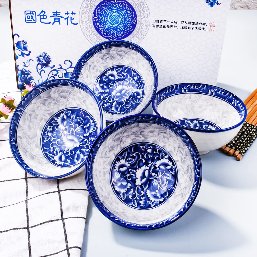 Blue and White Porcelain Chinese Bowl and Chopsticks Set of 4 - Rice, Soup, Sushi, Cereal Bowls with Delicate Gift Box | Elegant Tableware for Asian Dining, Home Decor, and Party Serving
