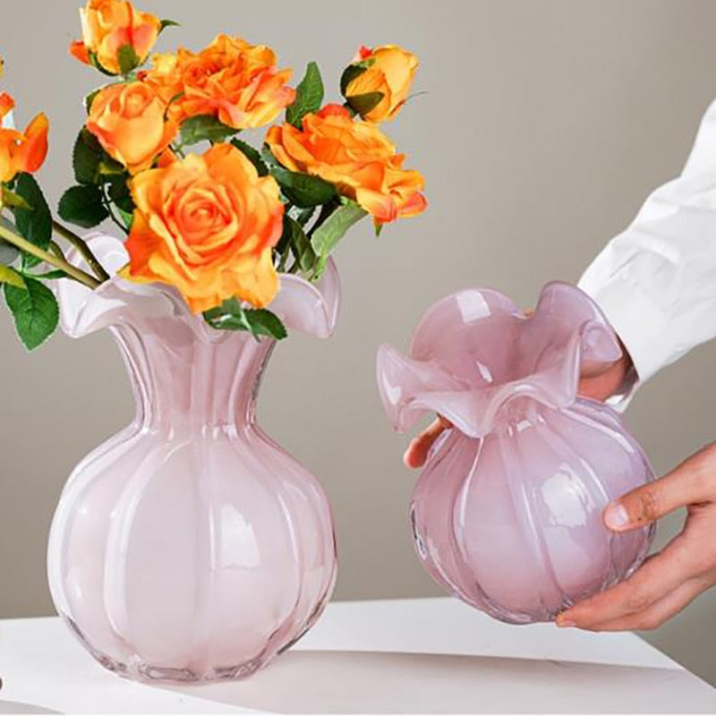 Handmade Blown Glass Ruffle Vase - Elegant Floral Centerpiece for Home Decor, Wedding, and Dining Table Arrangements