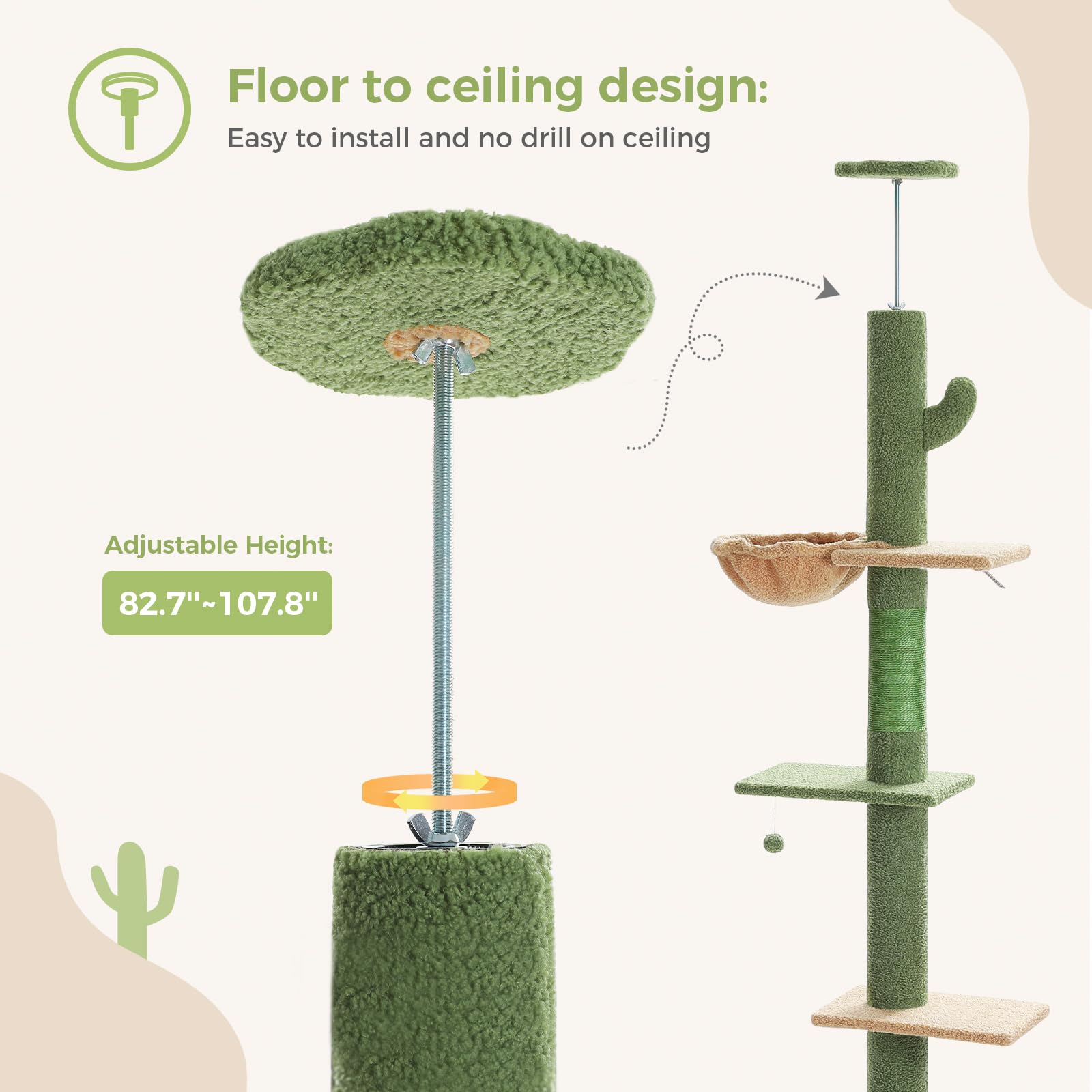 PAWZ Adjustable Floor-to-Ceiling Cat Tree Tower (82.7''-107.8'') - Tall Cactus Design Cat Climbing Furniture with Scratching Post, Ladder, Hammock & Condo for Indoor Cats - Perfect for Small Spaces & Cat Play Areas - Green