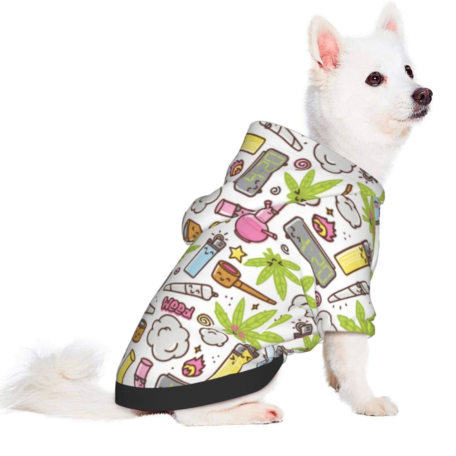 Cute Cartoon Cannabis Pattern Dog Hoodie - Warm Pet Sweater with Hat for Small Dogs (Green & White, X-Small) - Perfect for Outdoor Walks & Winter Fashion