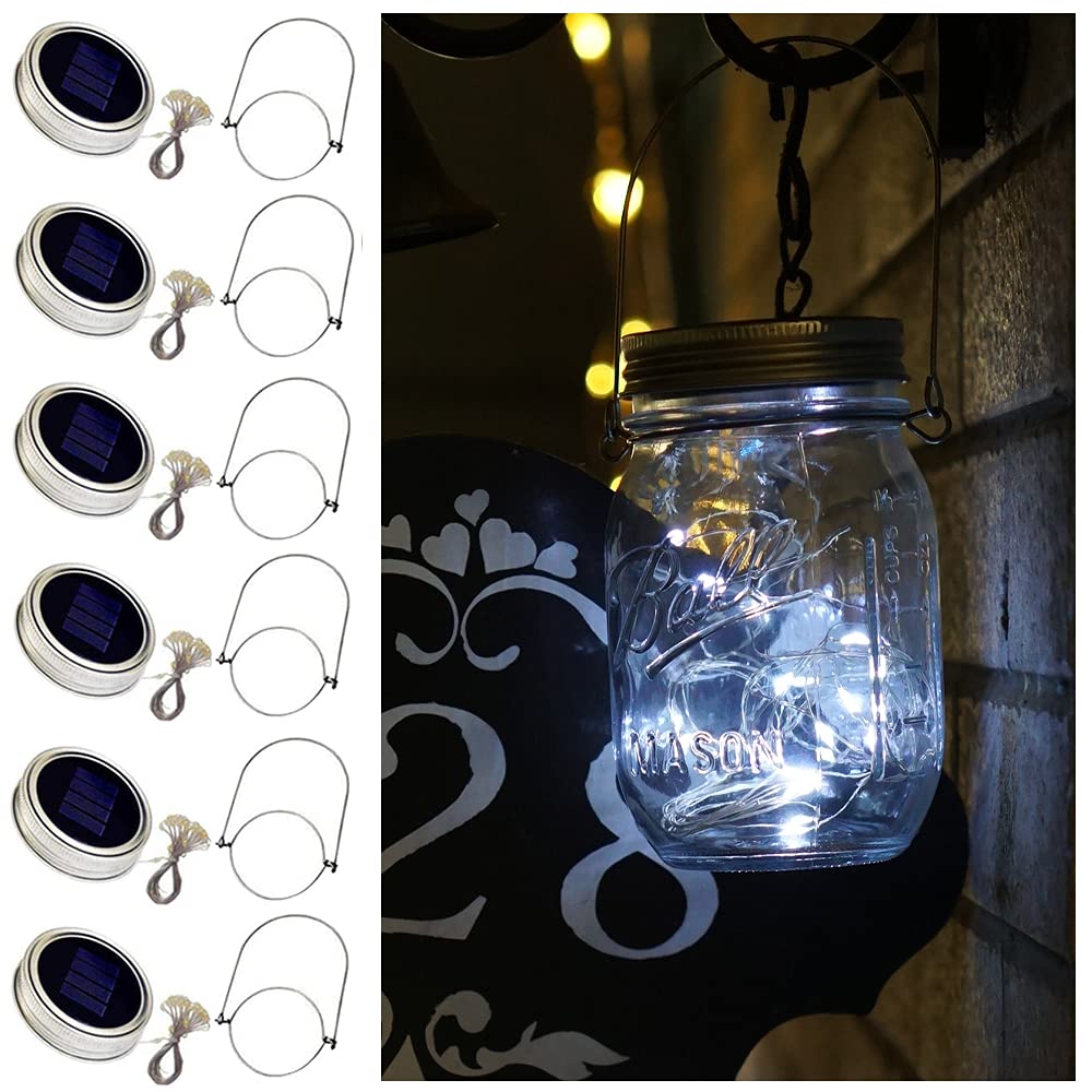 6 Pack Solar Mason Jar Lights - 20 LED Fairy String Lights with Hangers, Waterproof Firefly Lanterns for Outdoor Wedding, Garden, Patio & Christmas Decor (Cold White) | Perfect for Backyard Parties, Romantic Evenings & Holiday Lighting