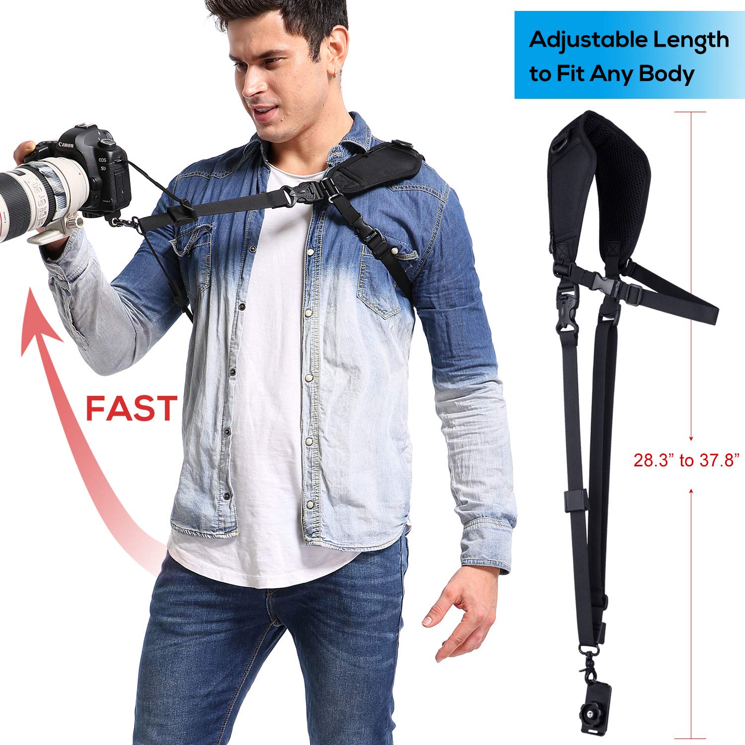 Waka Quick Release Camera Neck Strap with Safety Tether & Underarm Support - Adjustable DSLR Shoulder Sling for Nikon Canon Sony Fuji (Black) - Perfect for Travel, Hiking & Outdoor Photography