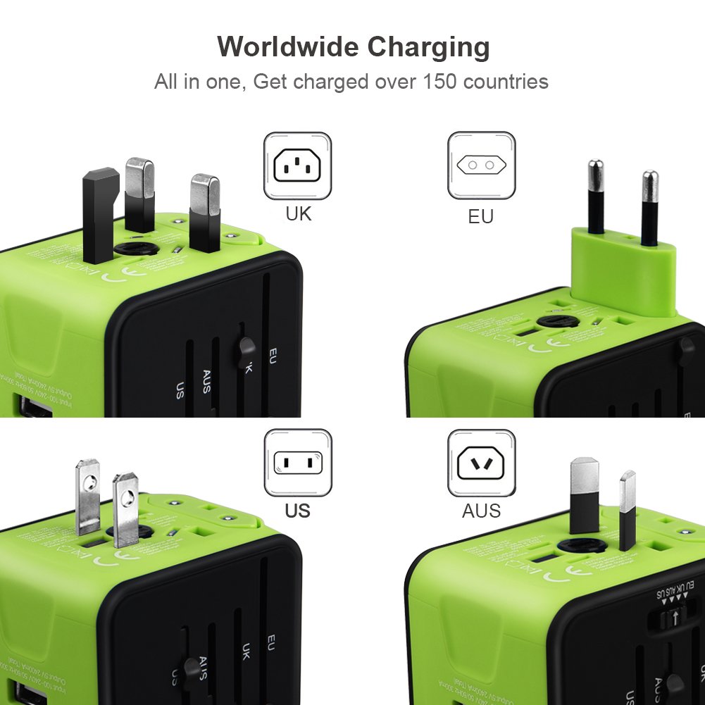 Universal Travel Adapter with 2.4A Dual USB - All-in-One International Power Charger for US, UK, EU, AU & Asia (150+ Countries) - Compact Green Wall Charger for Travel, Business Trips & Vacation Essentials