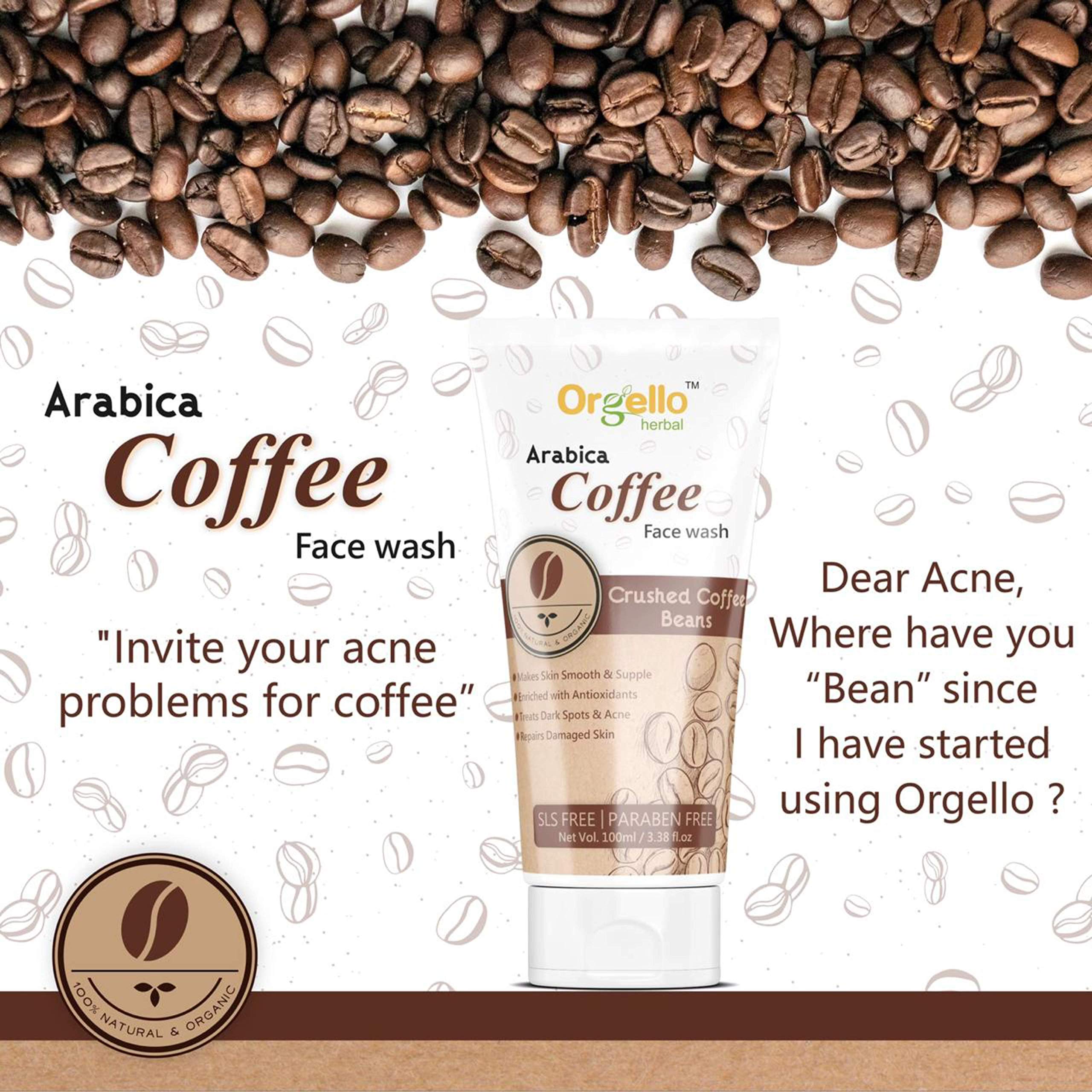 Orgello Coffee Face Wash 100gm - Natural Exfoliating Cleanser for Acne & Blackheads - Perfect for Morning Skincare Routine