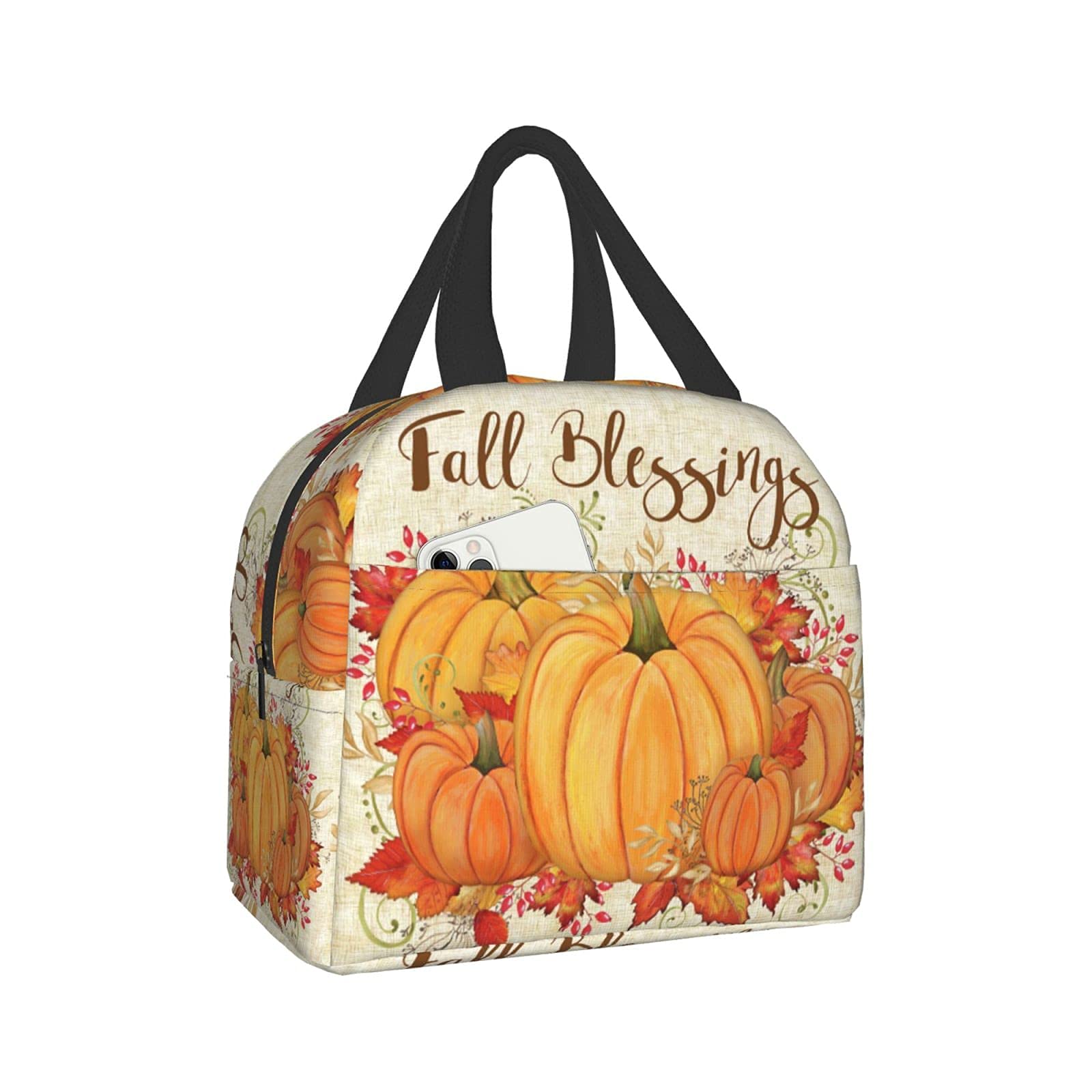 **Insulated Pumpkin Lunch Bag for Women, Men & Kids - Reusable Tote Lunch Box for Office, School, Picnic & Beach - Fall Themed Thermal Lunch Container**    *Use Cases: Perfect for keeping meals fresh at work, school outings, picnics, beach trips, or daily commutes during the fall season.*