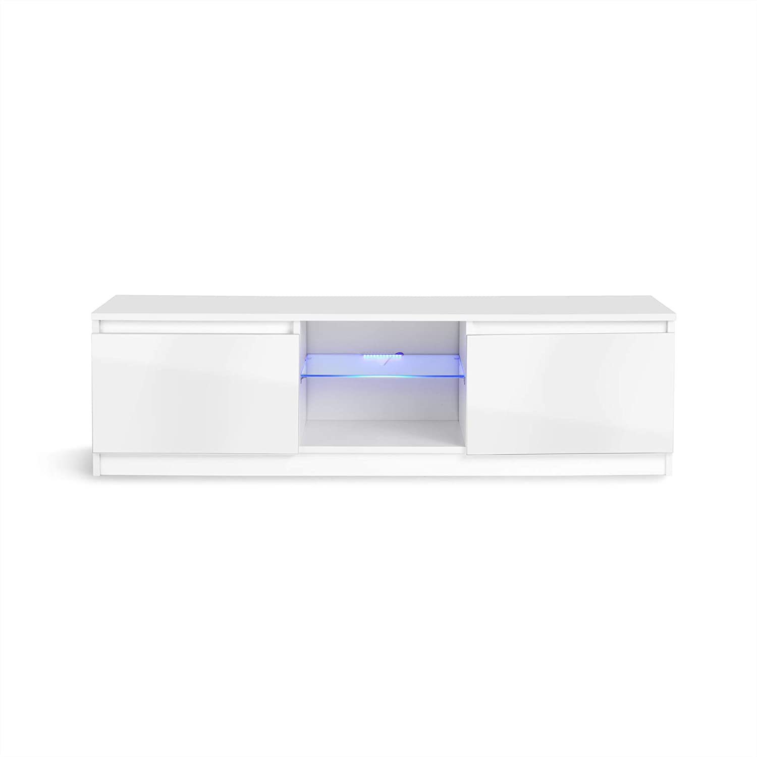 MMT Furniture TV Stand for 42-65 Inch LED LCD Plasma Flat Screen TVs - Modern Entertainment Center with Storage Cabinet & Blue LED Lights - White Media Console Shelf for Living Room, Bedroom & Home Theater Setup