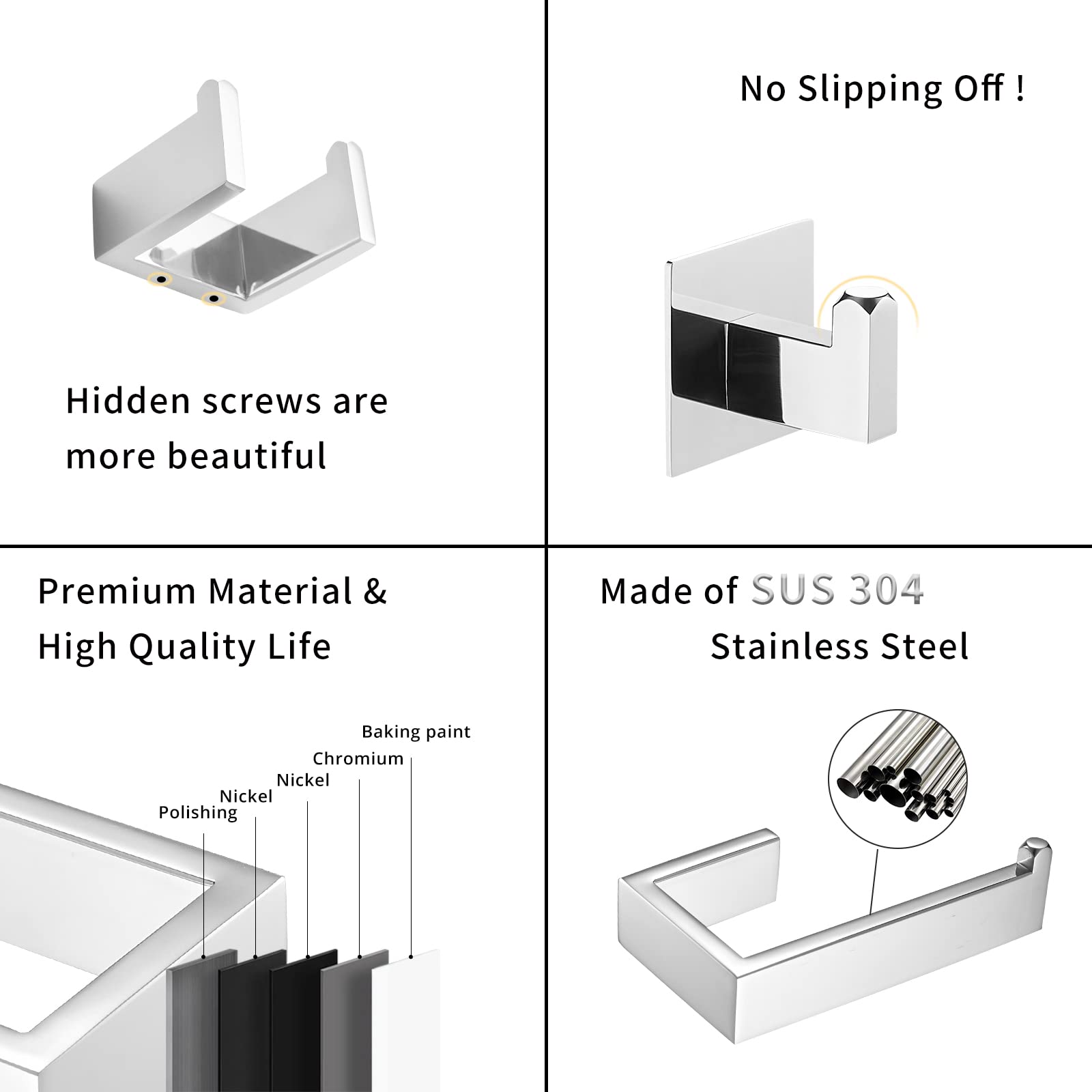 Fapully 23.6-Inch 6-Piece Bathroom Hardware Accessories Set - Stainless Steel Wall Mounted Chrome Towel Bar, Hand Towel Holder, Toilet Paper Holder, Robe Hook, Coat Hook - Modern Bathroom Organization for Home & Hotel Use