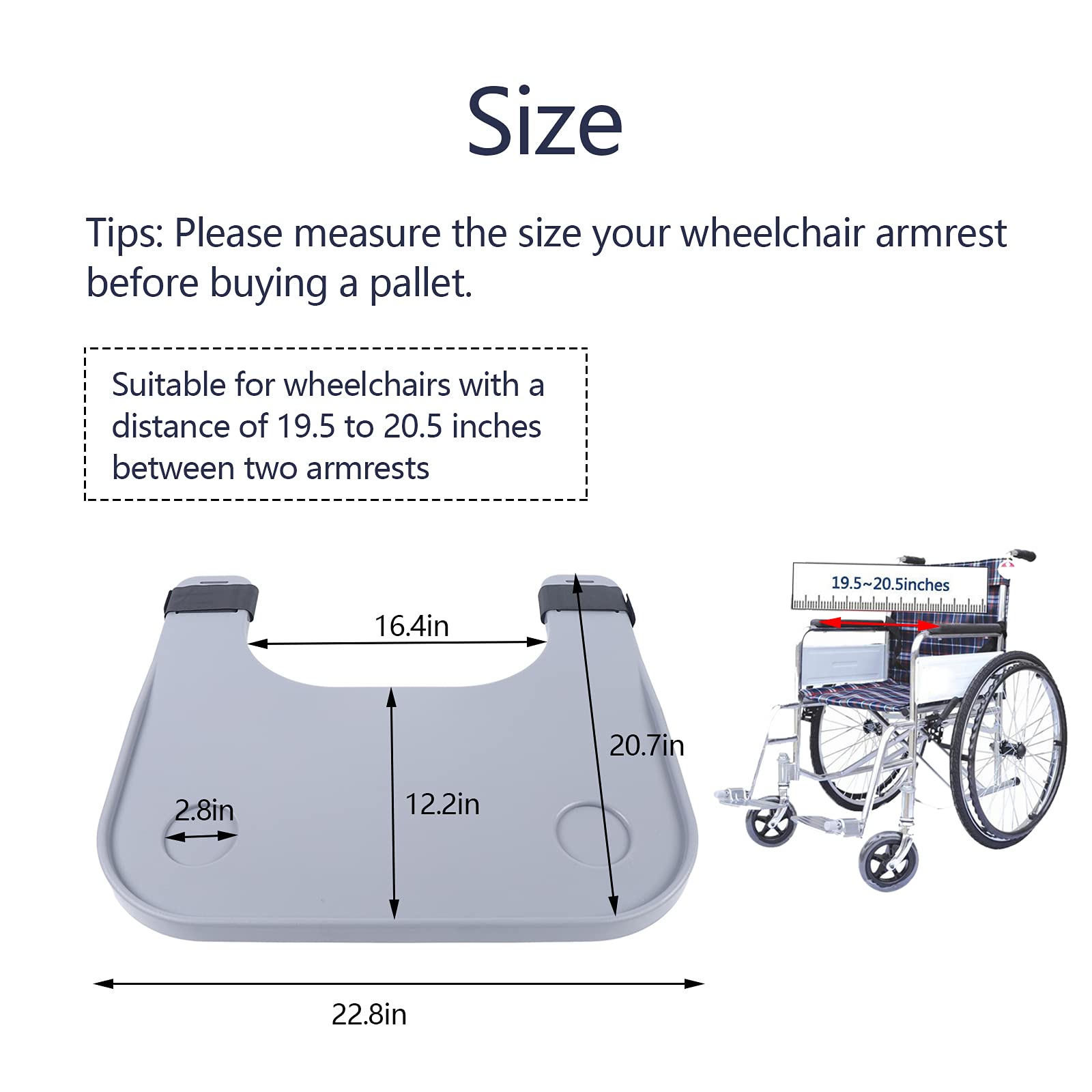 Adjustable Wheelchair Tray Table for Adults & Seniors - Removable ABS Plastic Wheelchair Table with 2 Cup Holders, Portable Eating & Reading Tray - Ideal for Dining, Working, Studying & Daily Activities (Gray)