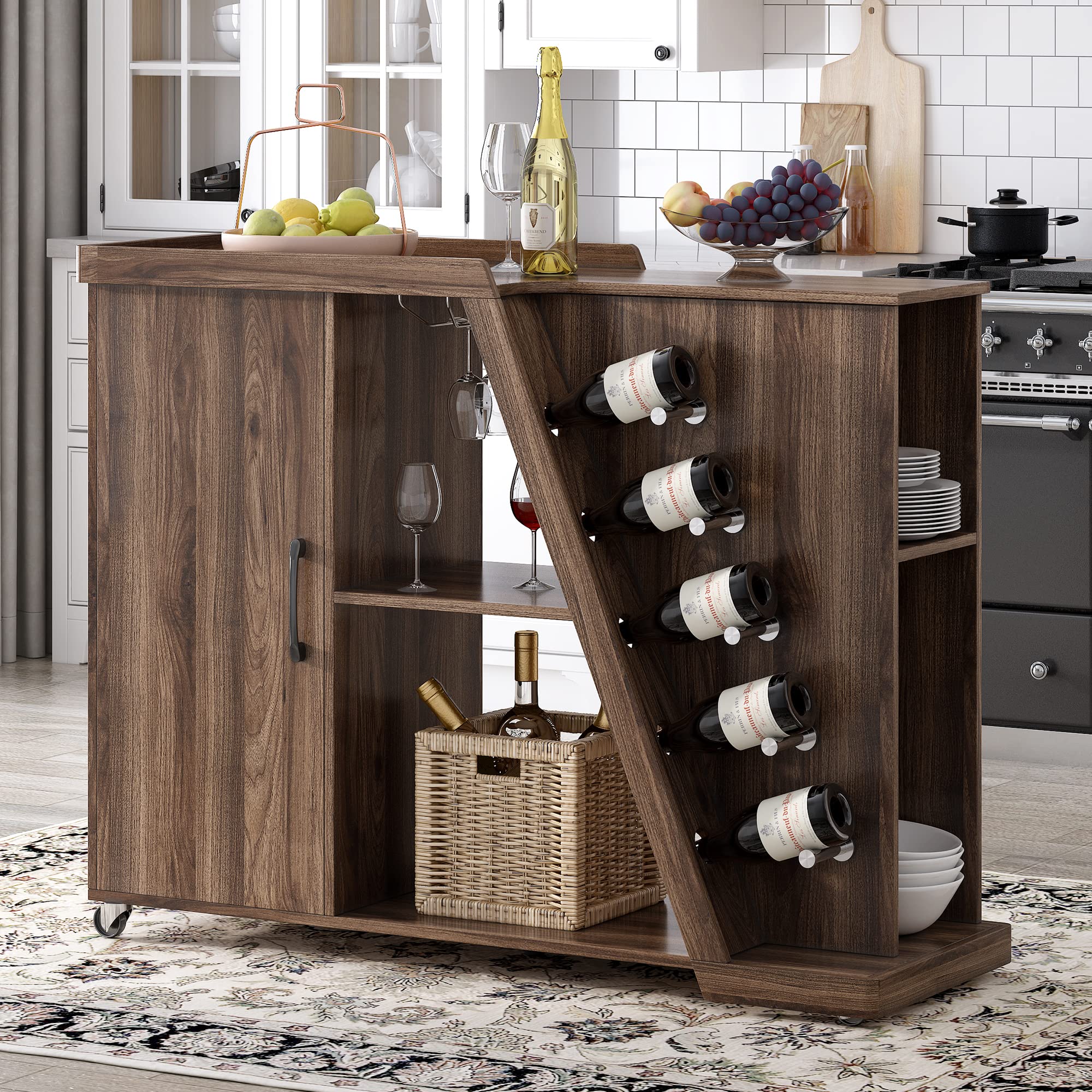 Kitchen Island Cart with Storage & Lockable Wheels, Adjustable Shelf & 5 Wine Rack Holders - Mobile Kitchen Organizer for Dining Room, Countertop Prep Station - Espresso Brown