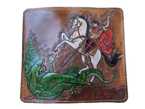 Handcrafted 3D Genuine Leather Wallet for Men - Long Biker Travel Wallet with St. George & Dragon Design - Custom Personalized Leather Carving Clutch Wallet - Perfect for Daily Use, Gifts & Motorcycle Riders